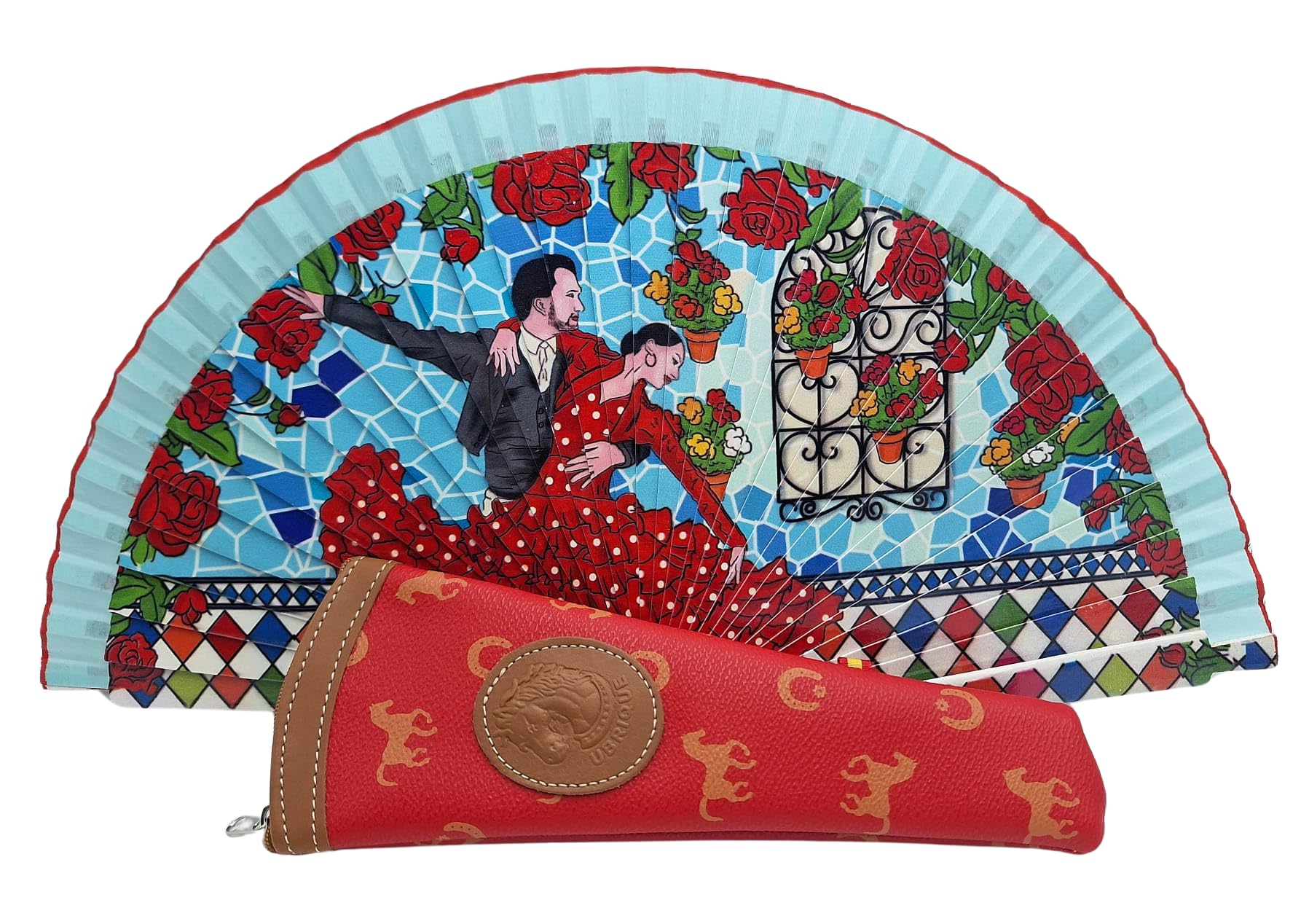 Folding fan with cover, beautiful drawings of flamingo dancers, wooden fan with handmade cover, made in Spain