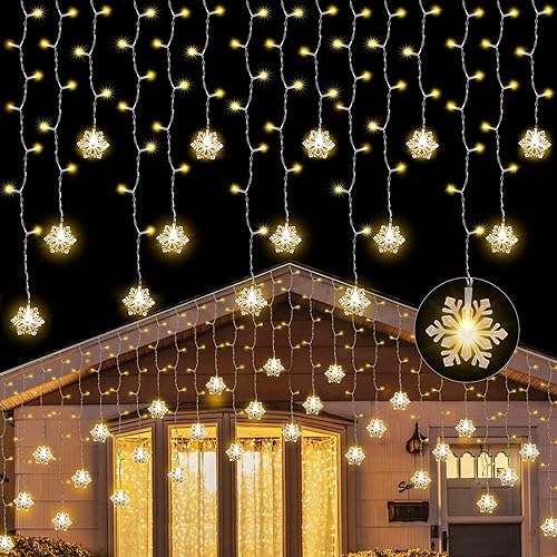 Miniatura 1 de 150 luces LED de carámbano con copo de nieve, 8 modos de parpadeo, luces de cortina colgantes para luces de Navidad al aire libre, decoración de