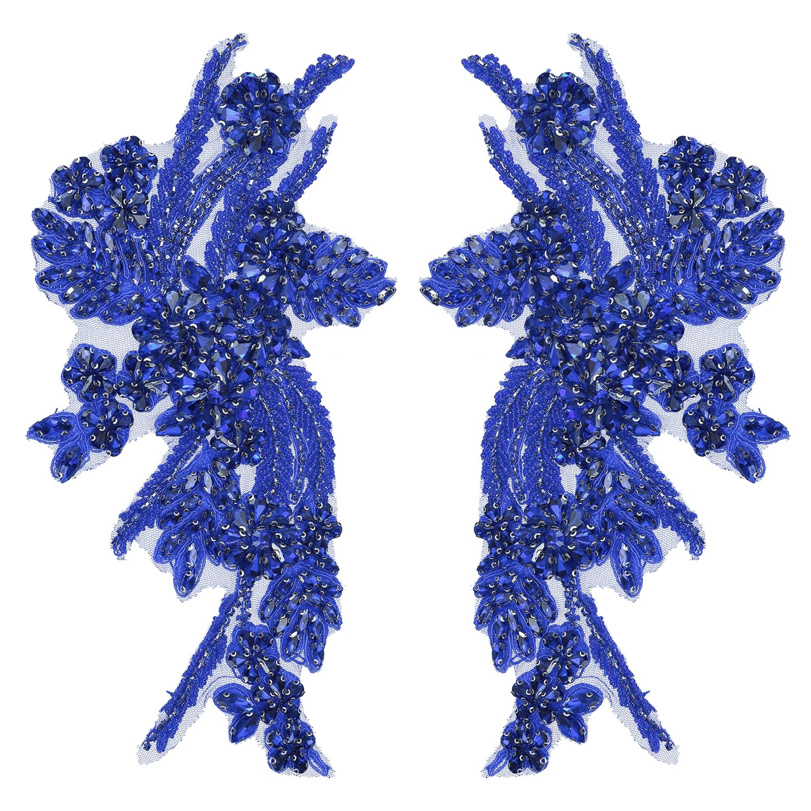 sourcing map 2Pack Rhinestone Applique Patches, 26.5x18 cm Blue Lace Embroidery Patches Sew on Rhinestone Beaded Sequins for Sewing Making Dresses Wedding Banquet Evening Gown Decoration