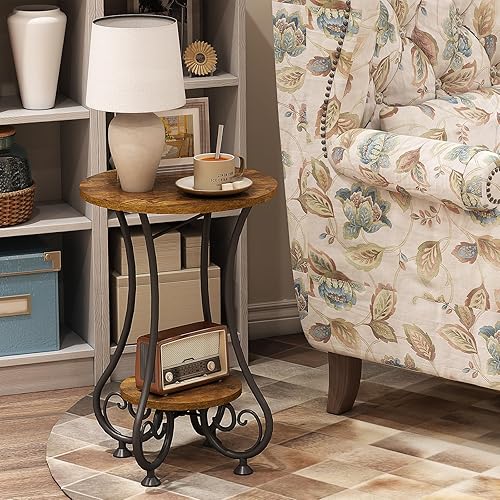 Miniatura 30 de Mesa auxiliar, pequeña mesa auxiliar redonda para espacios pequeños, mesita de noche redonda con marco de metal, mesa auxiliar para sofá, mesa de