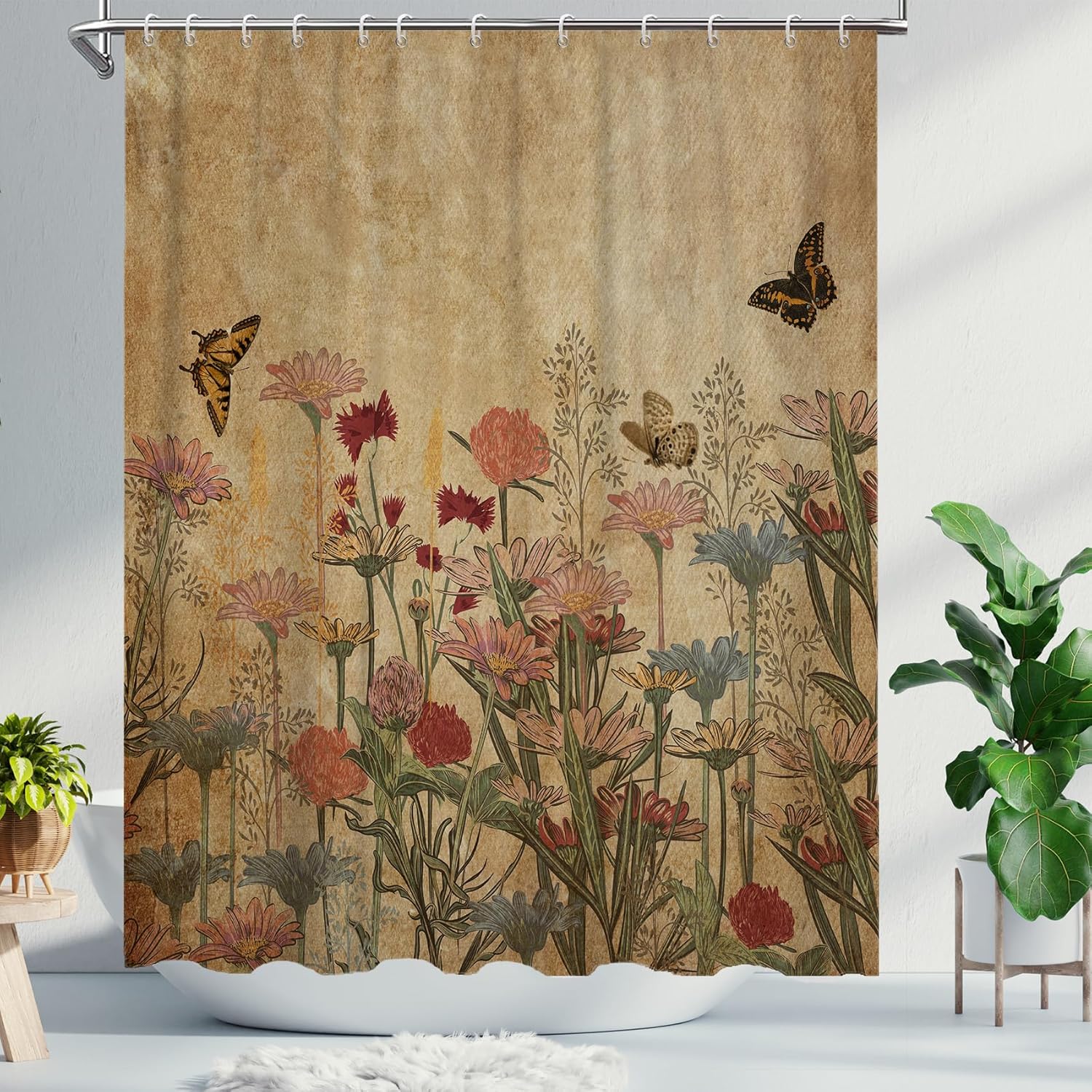 Floral Shower Curtain for Bathroom, Boho Retro Extra Long Flower Shower Curtains, Rustic Farmhouse Botanical Shower Curtain 71x84 Inch, Nature Plant Leaves Butterfly Fabric Bathroom Decor