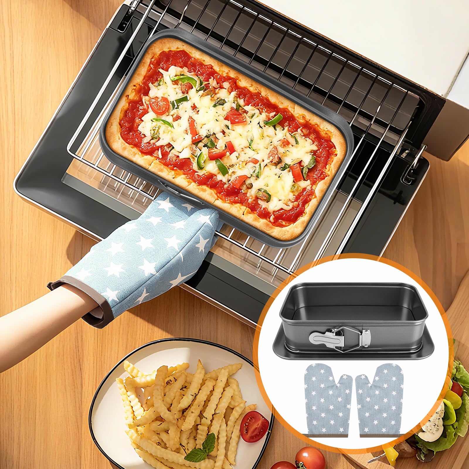 Rechteckige Springform Backform 28x18 cm mit Antihaft-Beschichtung - Inklusive 2 Backhandschuhe - Auslaufsicher und Leicht zu Reinigen - Ideal für Käsekuchen, Tiramisu und Heimbacken