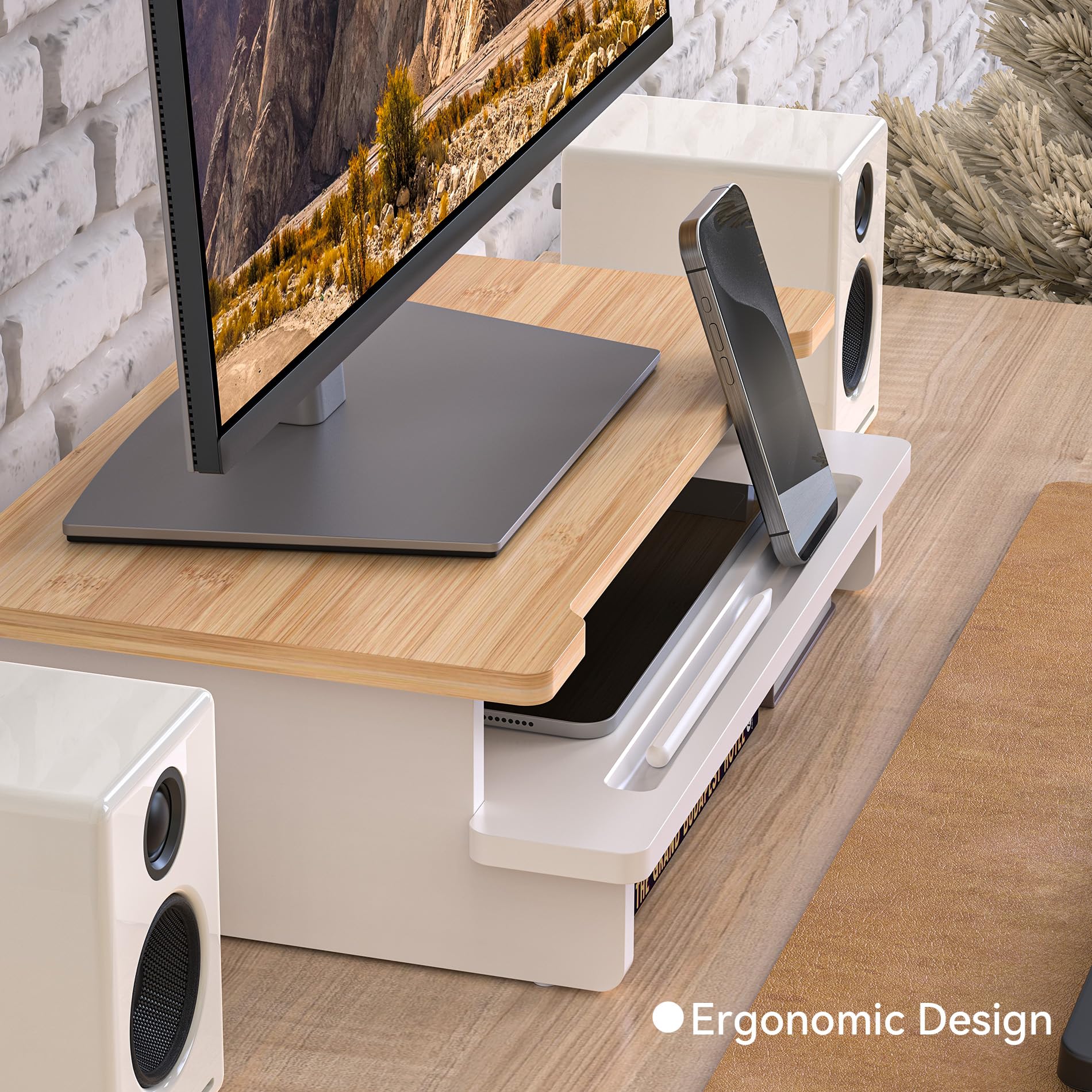 WELL WENG Supporto per monitor da scrivania in legno con organizer e supporto per smartphone e tablet (42 cm, bianco e bambù naturale)