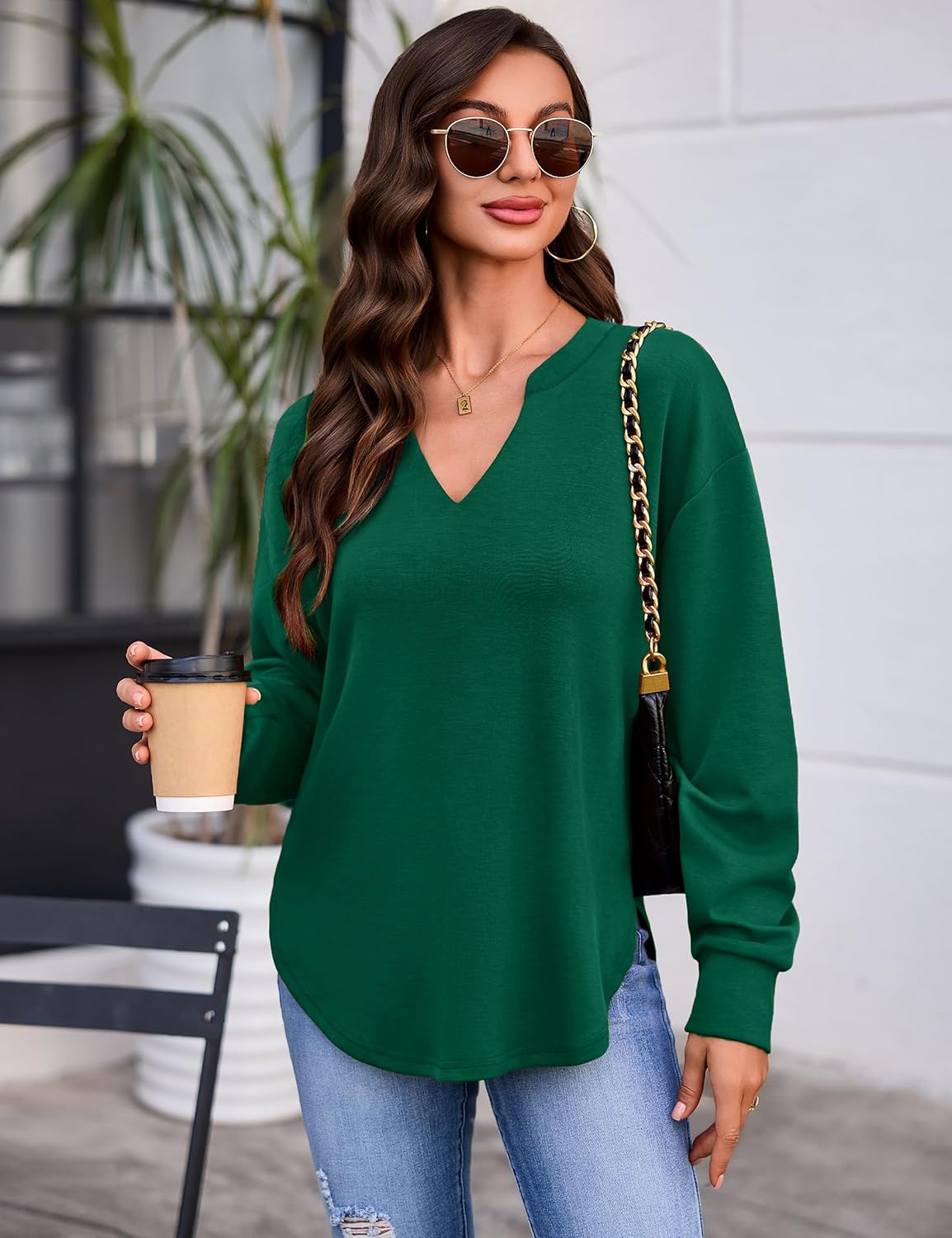 Totatuit Sweatshirts for Women V Neck Long Sleeve Shirts Loose Lightweight Curved Hem Casual Pullover Tops 2025 Fall Forest green Large - Image 8