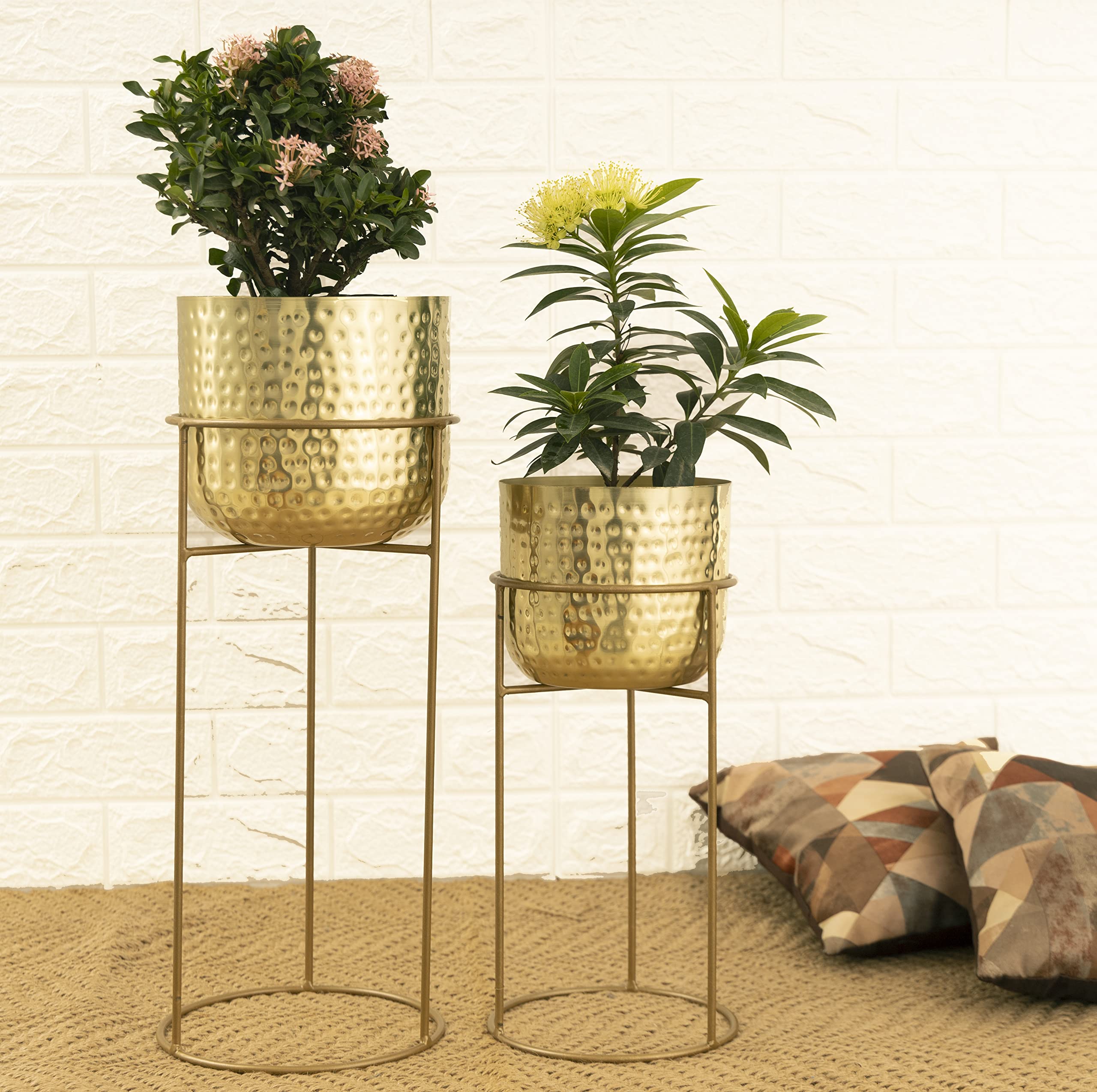 HomeShastra® Allura Gold Hammered Metal Floor Planters with Stands | 21 Inch & 17 Inch (Height) by 7.5 inch & 6.5 Inch (Dia) | Planters for Living Room, Bedroom (Pack of 2) (B09TL6SPGW) Amazon Price History, Amazon Price Tracker