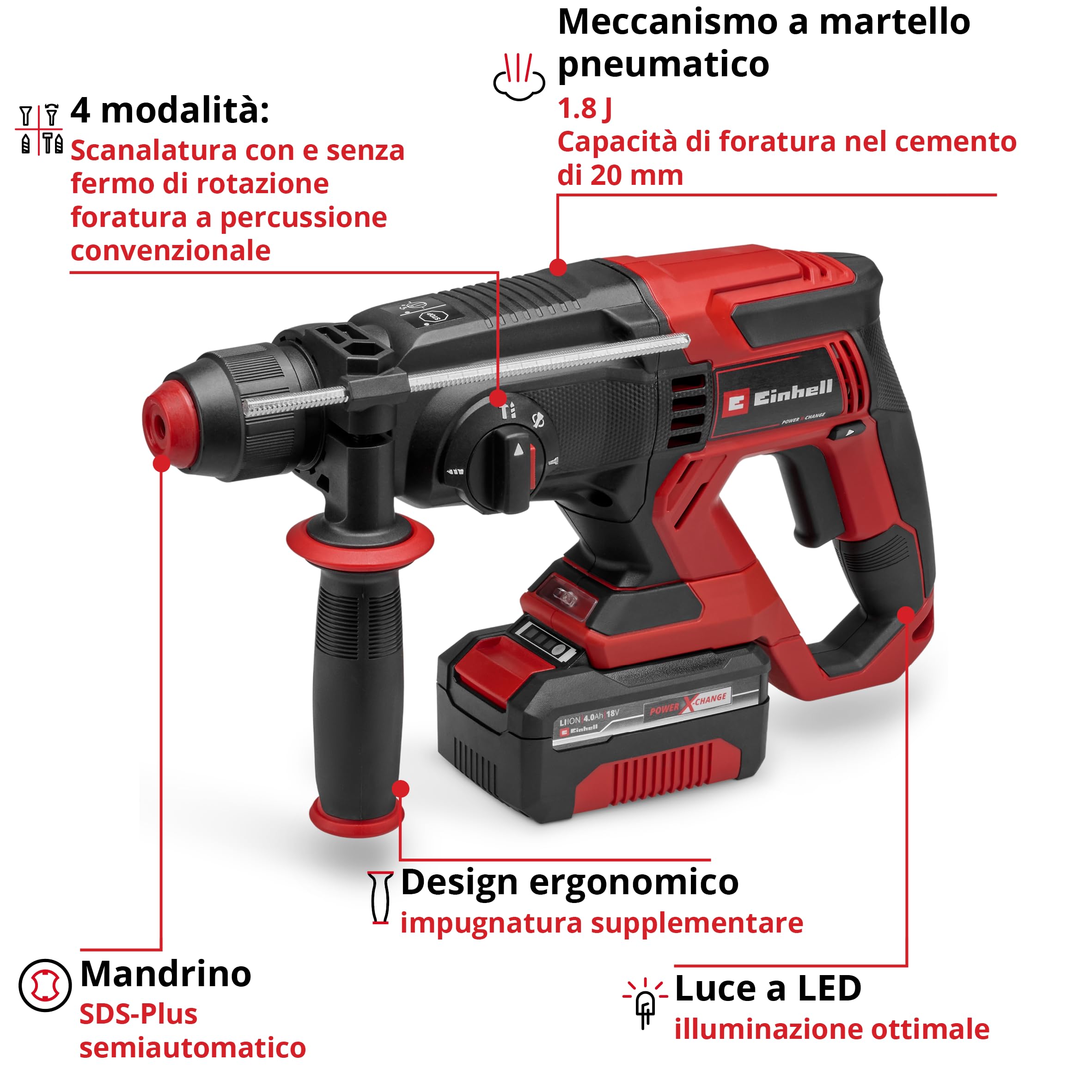Einhell Tassellatore a batteria TE-HD 18/20 Li (1x 4,0 Ah) Power X-Change (18 V, 1,8 J, SDS-plus, perforazione in cemento 20 mm, 4 funzioni, incl. batteria 4,0 Ah + caricabatterie)