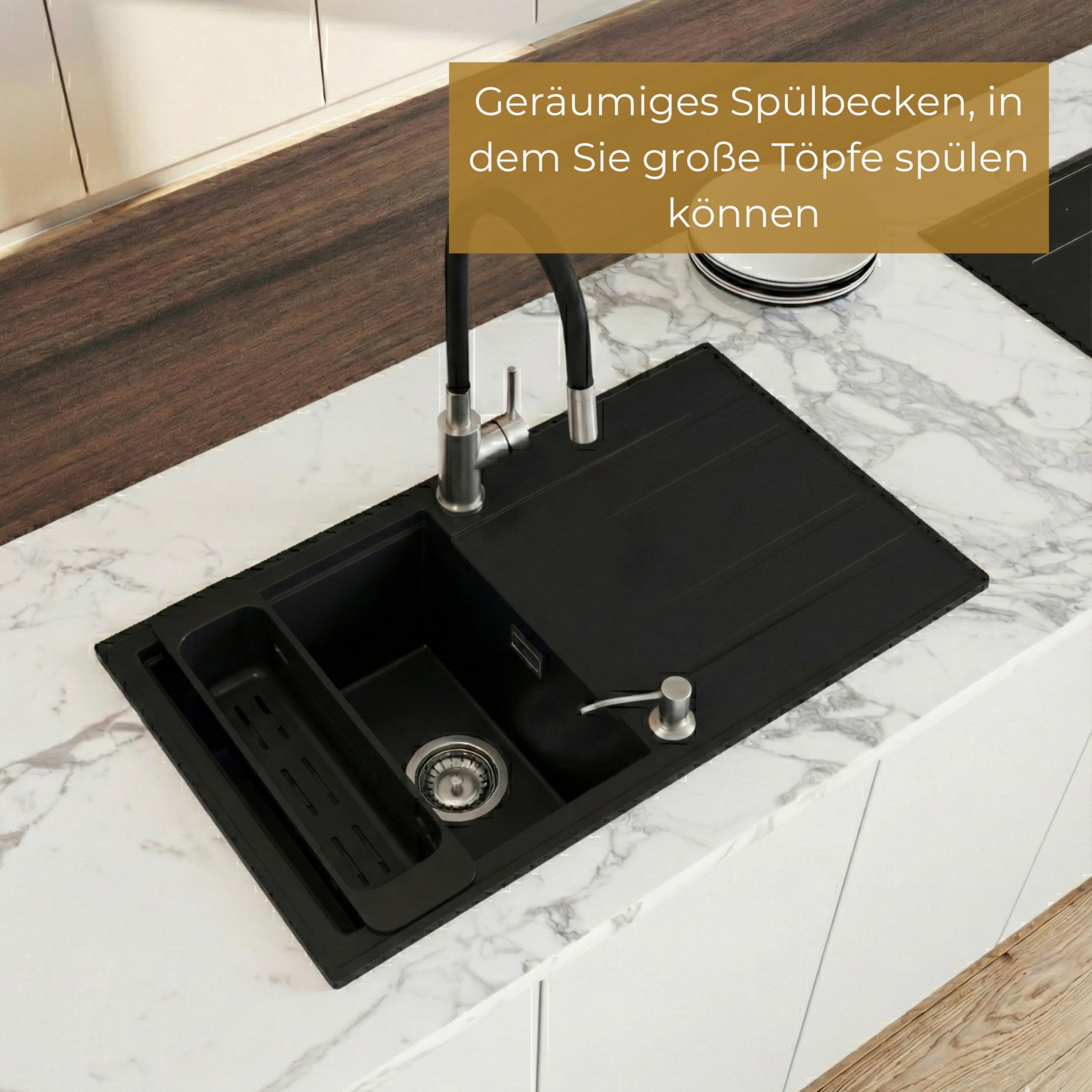 SINK Quality zlewozmywak kuchenny z ociekaczem – zlewozmywak czarny 80 x 46 cm – w zestawie syfon i środki impregnujące – zlewozmywak do zabudowy do szafki pod umywalkę 55 – zlewozmywak granitowy