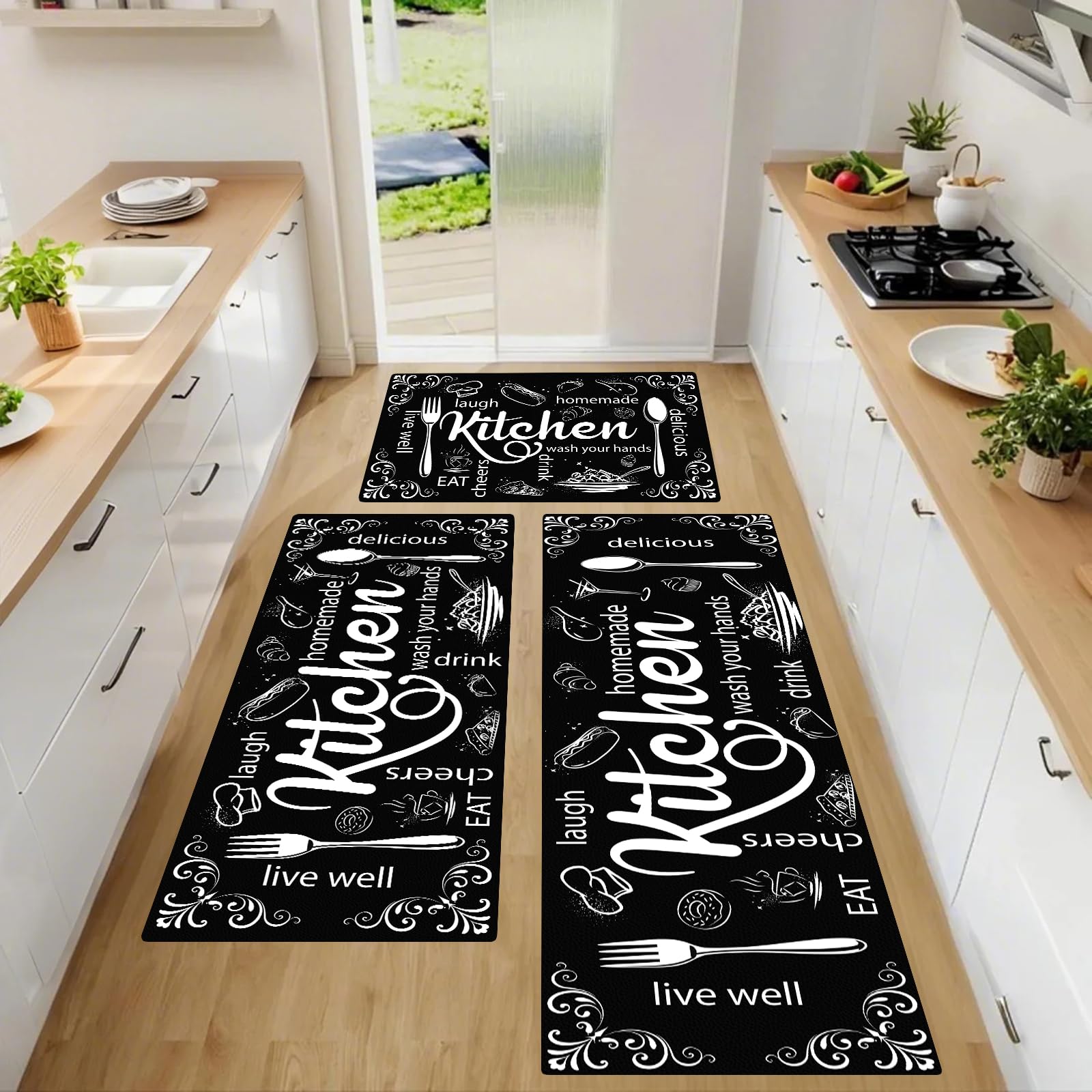 Kitchen Mats for Floor, Non Slip Washable Kitchen Rugs Sets of 3, Black Farmhouse Cushioned Stain Resistant Kitchen Runner Rug for Kitchen Floor, Laundry Room, Bathroom, Entryway Carpet Decor