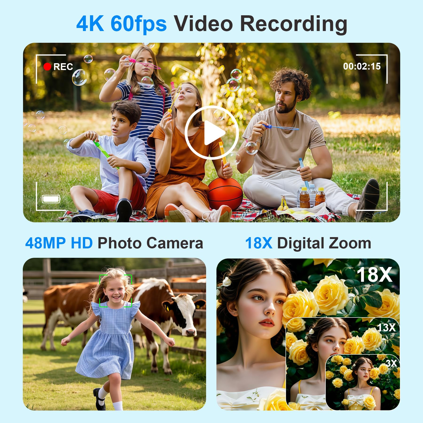 Videocamera digitale 4K, 2026 aggiornata con telecomando e touch screen e messa a fuoco automatica, videocamera digitale per vlogging su Youtube, 48 MP foto 4K 60 FPS, con telecomando/batteria