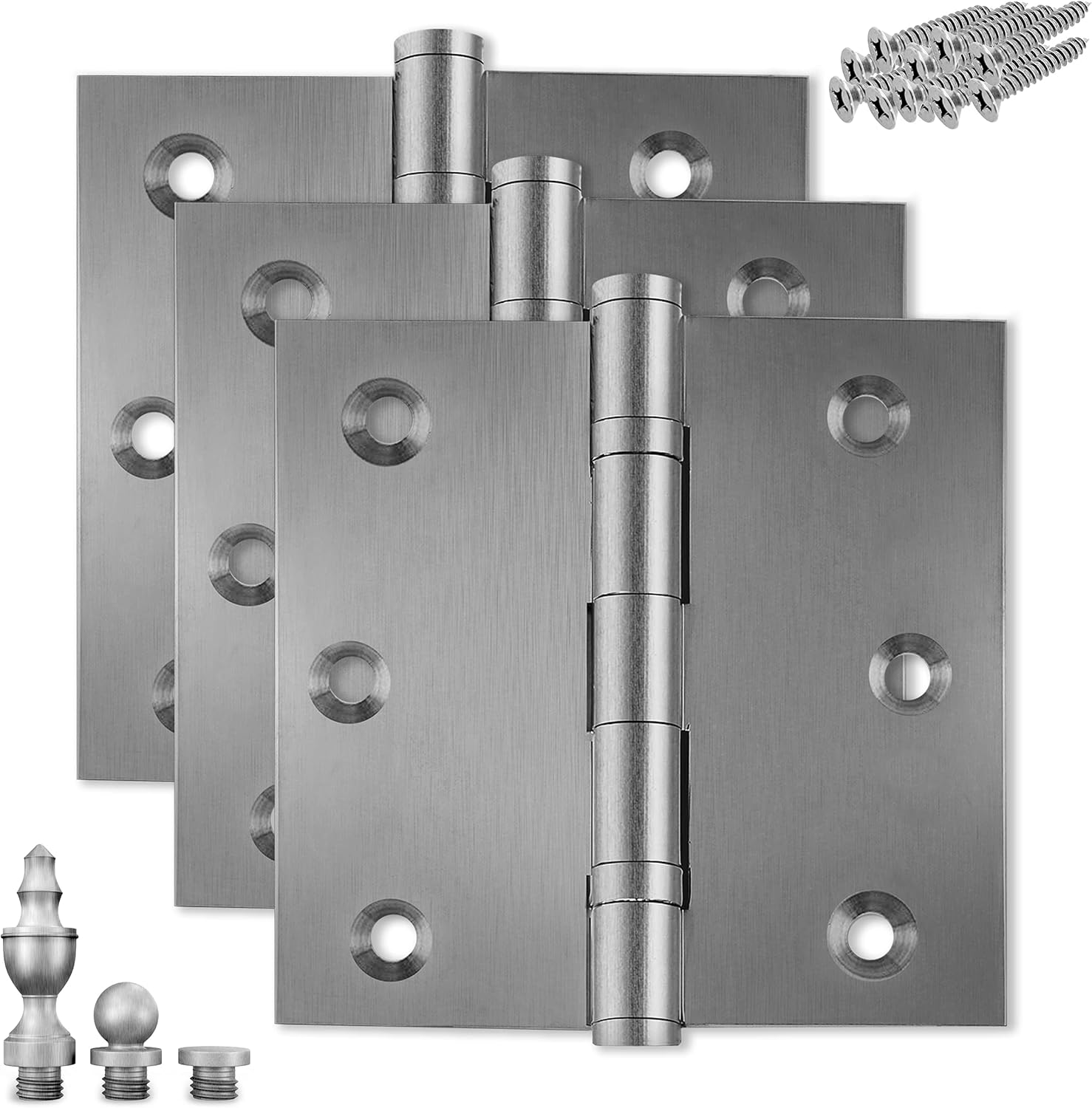 Solid Brass Door Hinge Heavy Duty Ball Bearing Matte Silver 3x3 Inch with Decorative Screw-on Tips Included - Set of 3 Hinges (Satin Nickel)