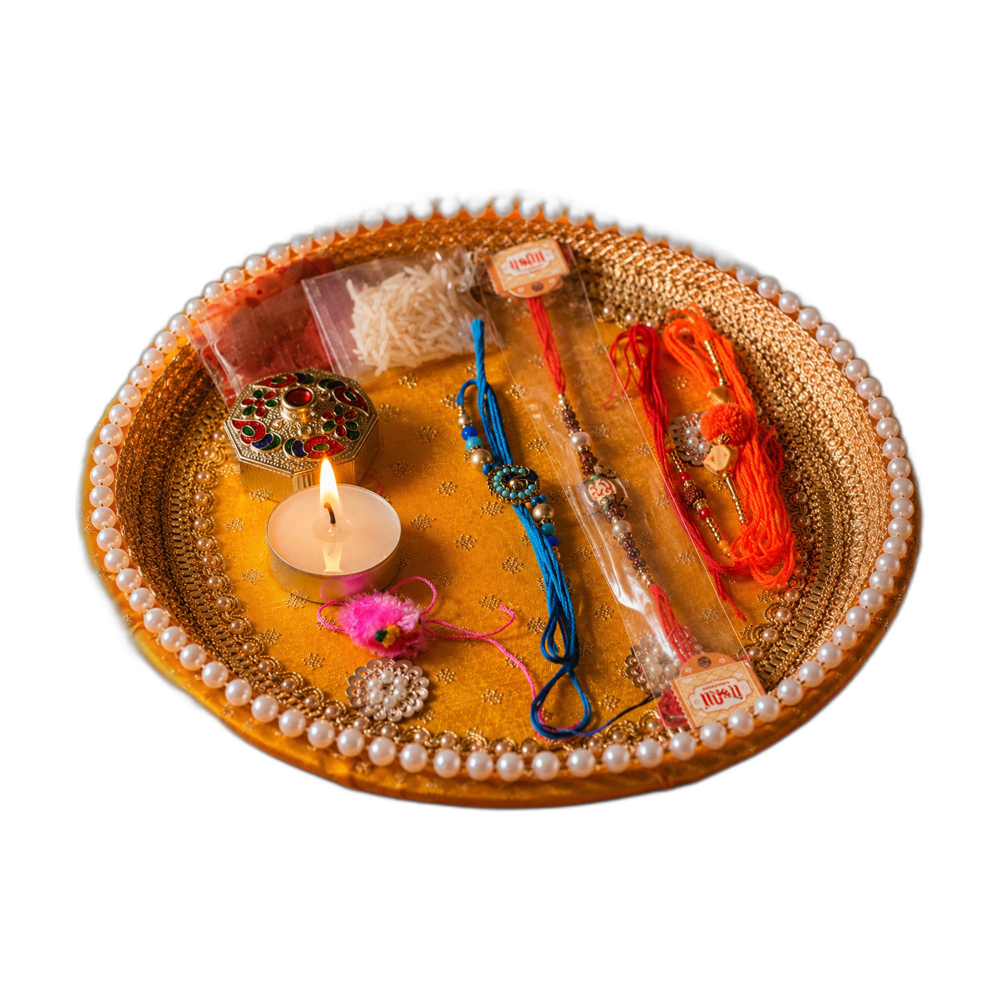 Rakhi Thali Set for Raksha Bandhan 2026, Decorated Golden Pooja Thali with 5 Designer Rakhis for Brother, Roli Chawal Chandan Mishri and Diya, Complete Rakshabandhan Gift Pack for Bhai-image-16