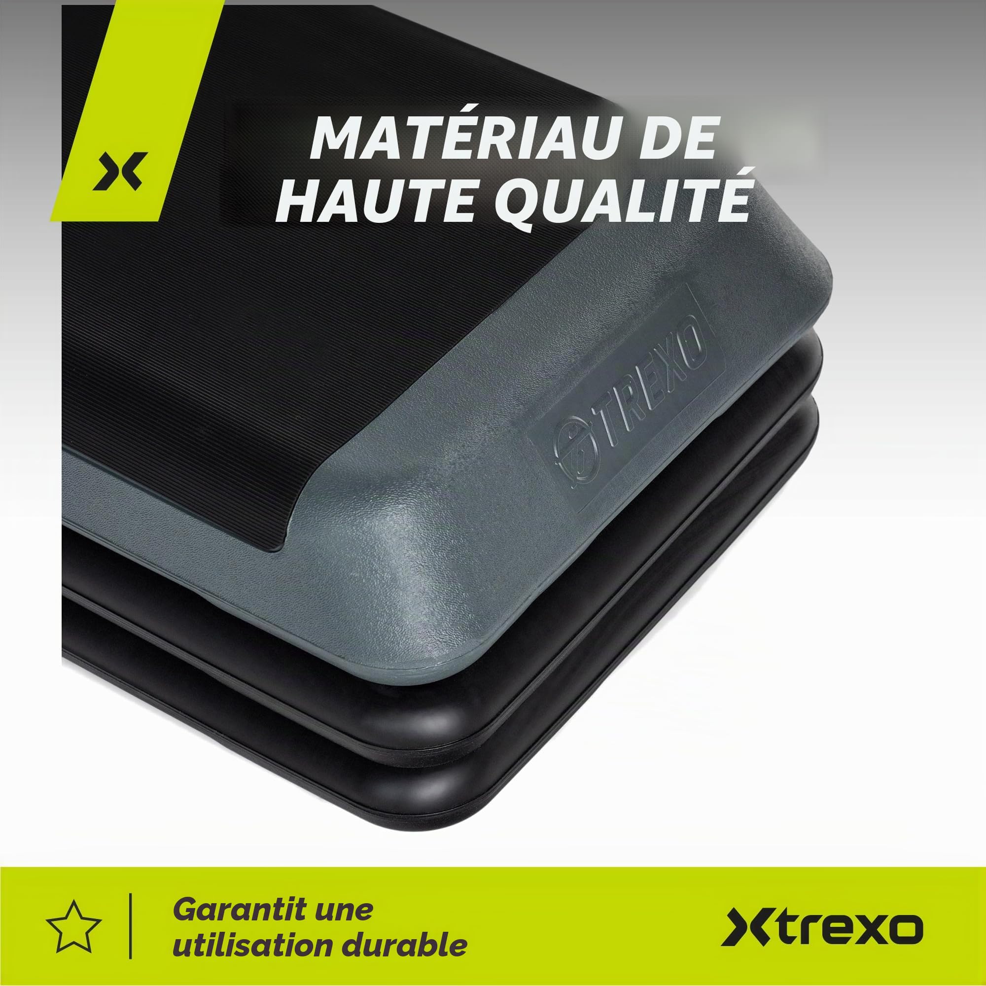 TREXO step d'exercice aérobique pour le cardio-training Hauteur réglable 10-15-20 cm Grande table 109 x 41 cm Durable Matériaux de haute qualité Exercice jusqu'à 250 kg VERT
