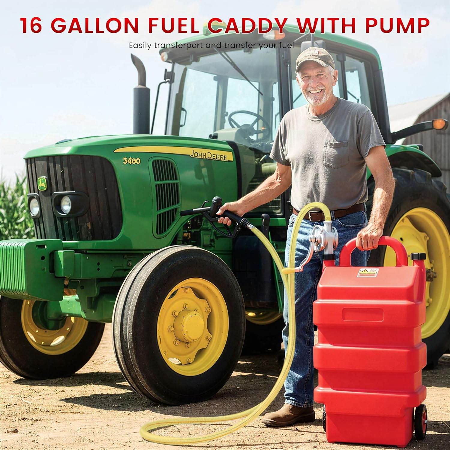 16 Gallon Fuel Caddy with Hand Transfer Pump, 60L Fuel Tank with Wheels, Gasoline Diesel Fuel Transfer Caddy for Cars, Lawn Mowers, ATVs, Boats & More