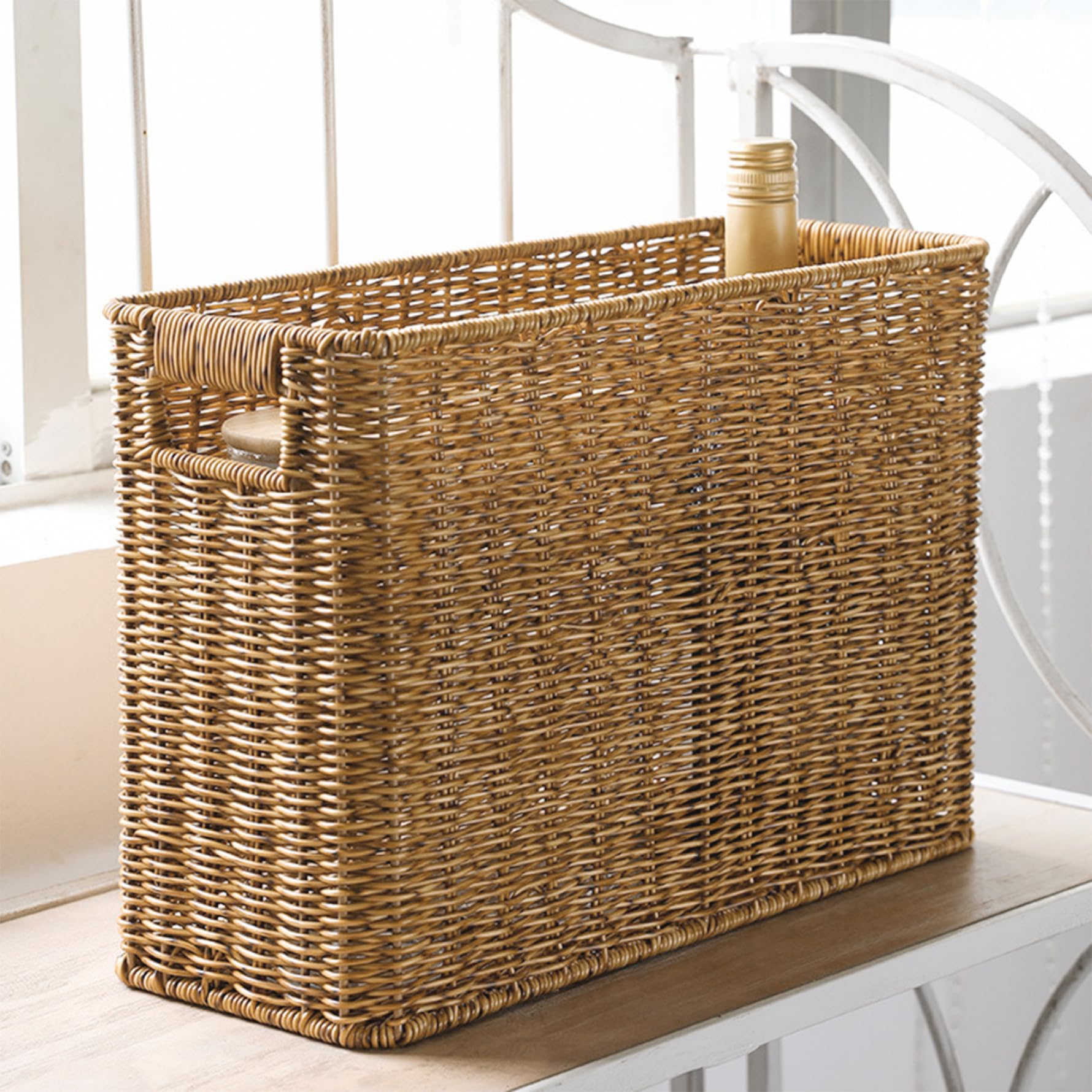 Panier de Rangement en Osier Panier de Magazine 15x10.2x5.9 Rack Magazine rotin tissé avec poignées Rangement rectangulaire pour journaux Bouteilles