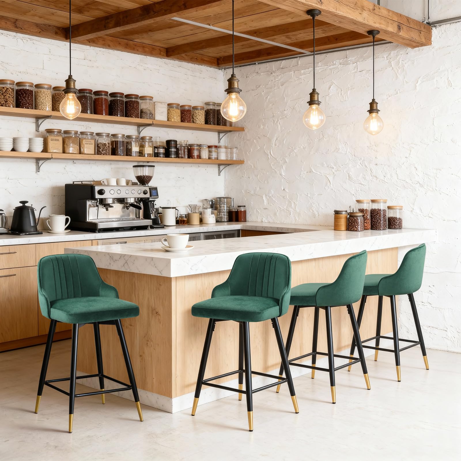 Bekrvio Juego de 2 taburetes de bar de terciopelo, Silla giratoria de 360°, Altura ajustable a 65 cm, Silla de bar tapizada con respaldo, Taburete de cocina moderno para cocina, mostrador, bar