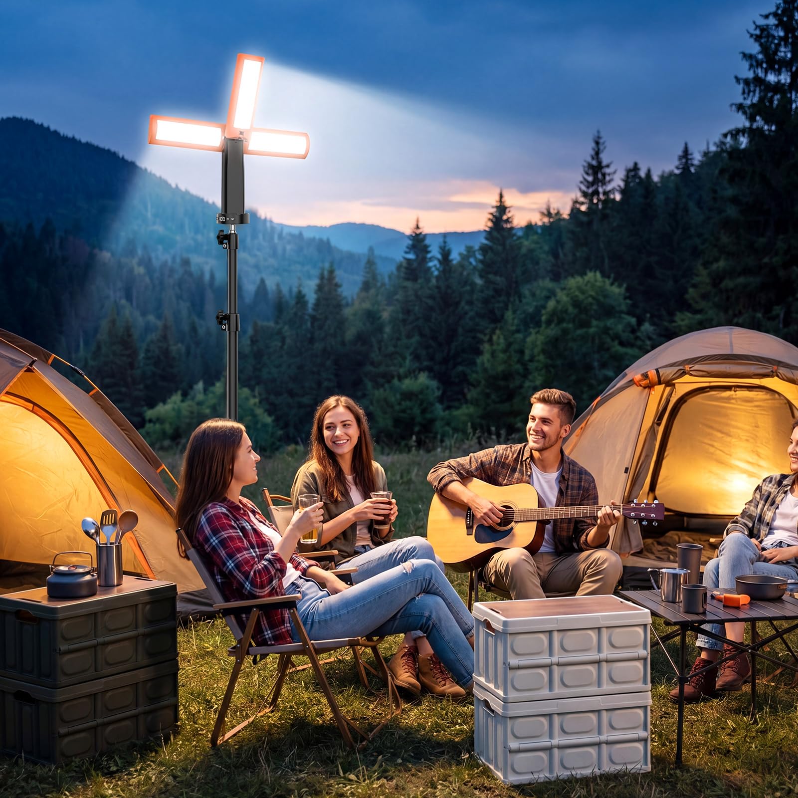 Lámpara de Camping Recargable con Trípode, 12000 mAh, 3 Colores de Luz, Trabajo LED Regulable de 6000 lm con Gancho Magnético y SOS, IP65, Adecuada para Talleres, Obras de Construcción y Emergencias.