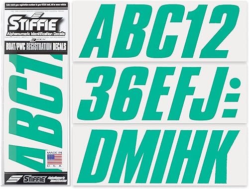 Stiffie Shift Sea Teal - Kit de identificación alfanuméricos, calcomanías de números de registro para barcos y embarcaciones personales, color verde