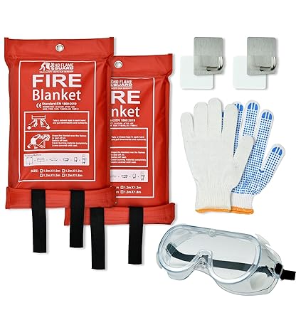HD FLAME GUARD Comprehensive Fire Safety Kit | 2 Fire RED Blankets, Goggles, Hooks, Gloves | 40x40 INCH Size | Convenient Alternative to Bulky Extinguishers | Ensure Safety Effortlessly