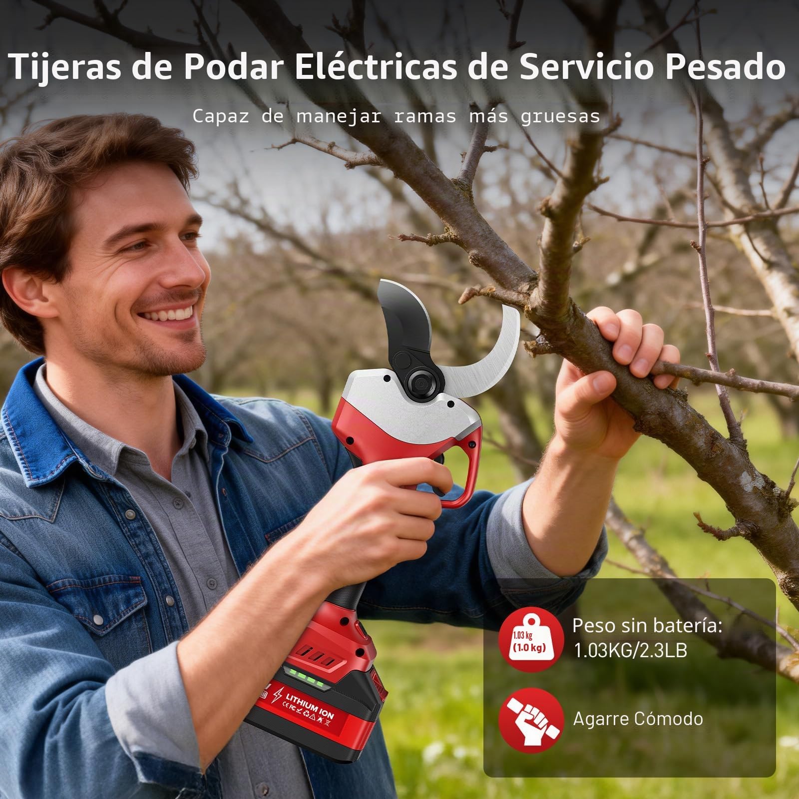 Tijeras de podar eléctricas, apertura de hoja de 75 mm, capacidad de corte de 50-60 mm, potencia de 1200 W, ajuste de doble velocidad, pantalla LCD, batería de 21 V 4000 mAh, cuchillas afiladas SK7