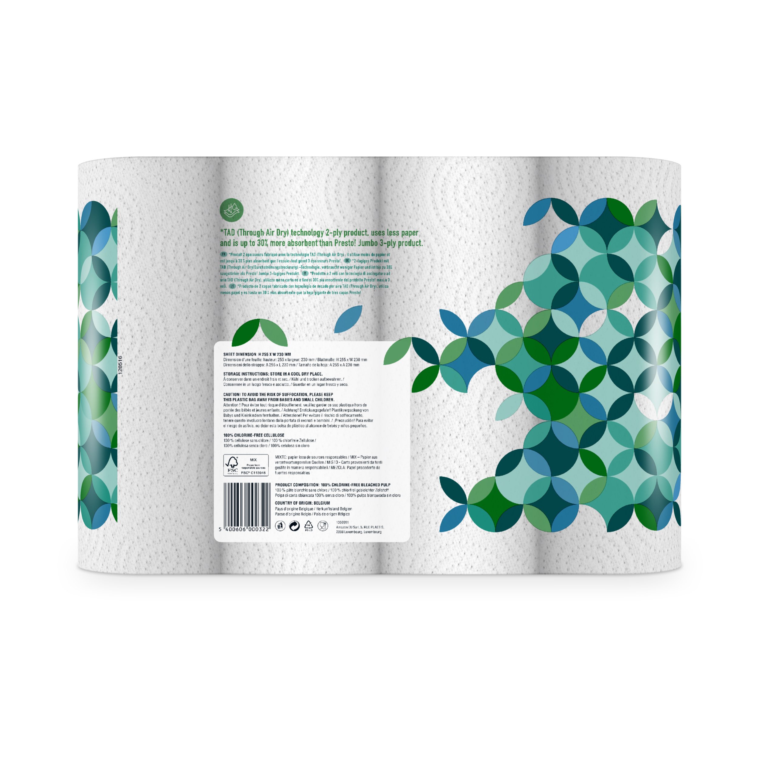 Amazon Brand - Presto! TAD Kitchen Roll, Extra Absorbent, 1632 sheets, 32 Count (8 Packs of 4), 51 Sheets per Roll, Wring and Reuse, FSC Certified, White — view 3