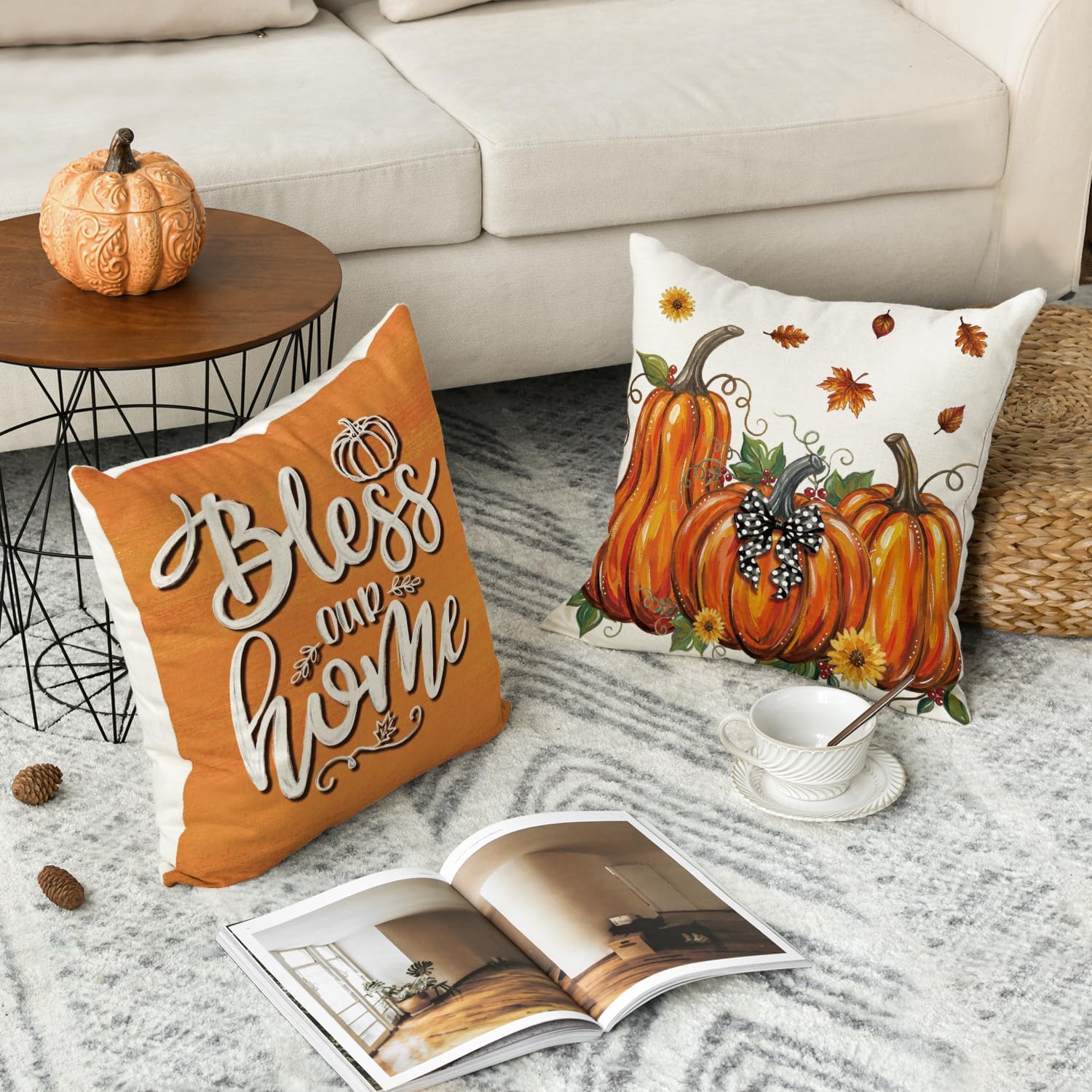 AVOIN colorlife Fall Hello Pumpkin Bow Pillow Covers 18x18 Inch Set of 4