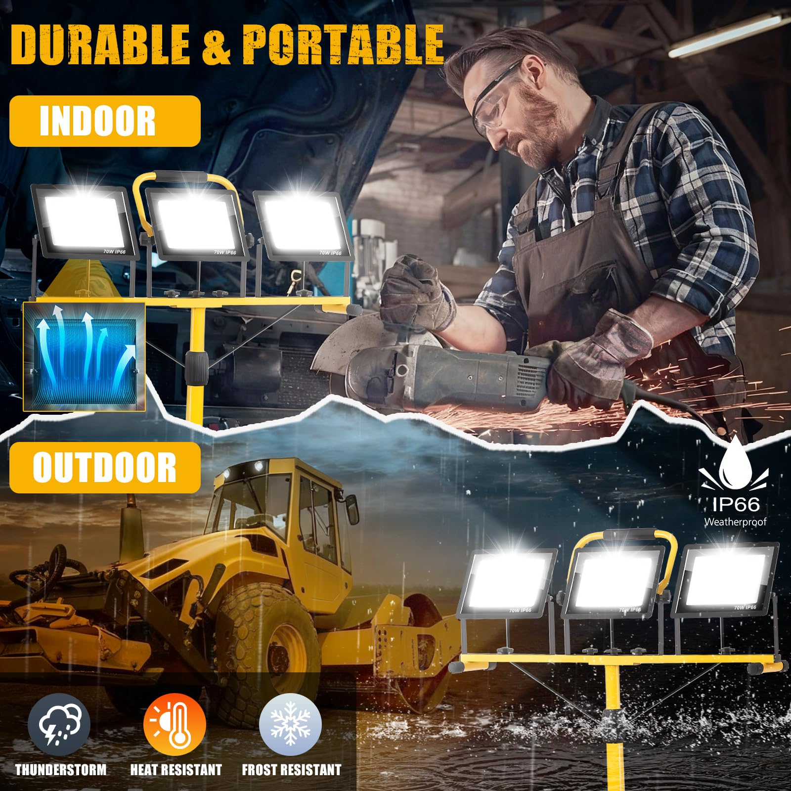 210W Foco led Trabajo con Trípode, 21000LM 6500K Lámpara de Trabajo con Cable de 5m Interruptor Individual, IP66 Lámpara Impermeable para Obras/Talleres/Garajes Altura Ajustable 200cm
