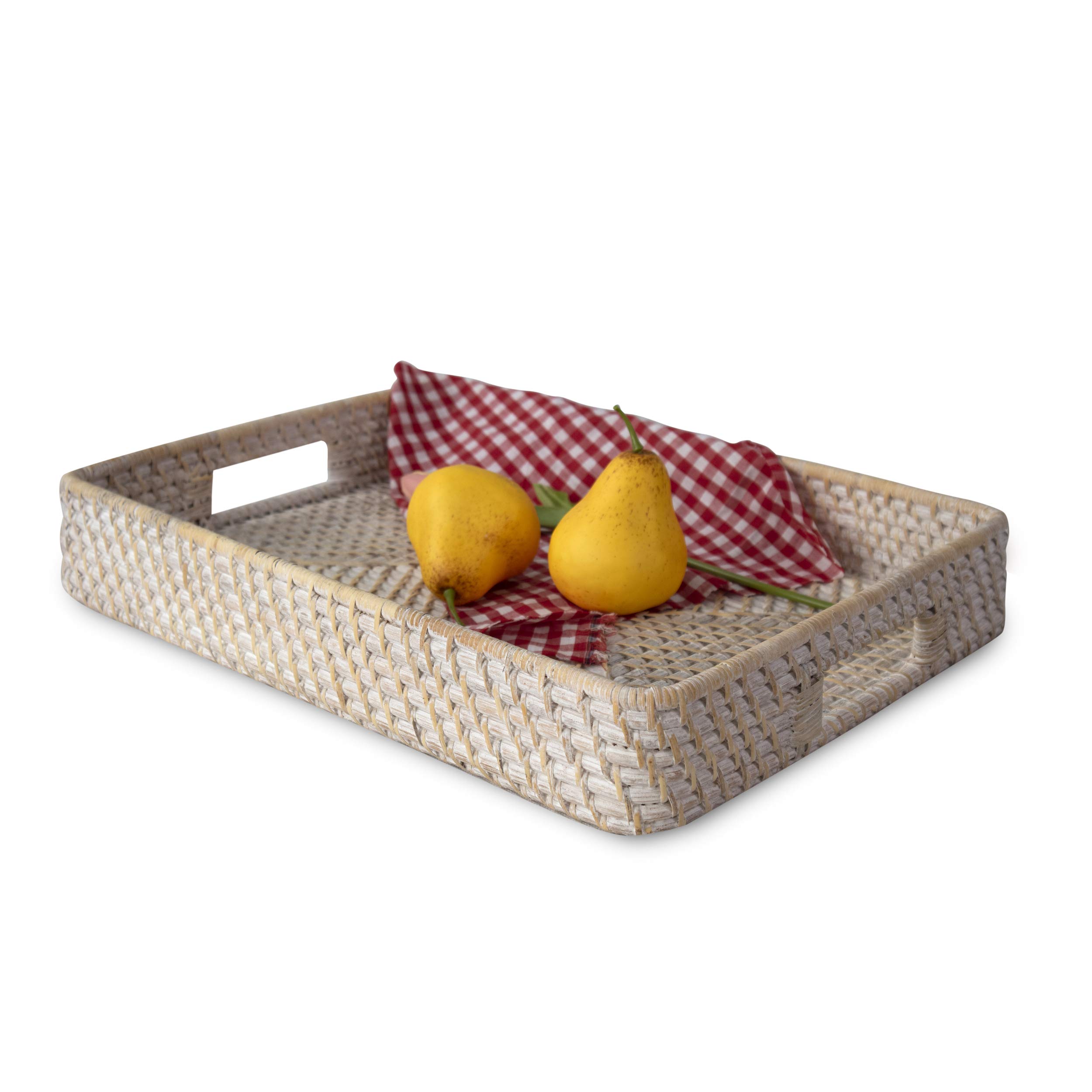 Wicker Serving Trays and Platters with Handles | Handcrafted Breakfast, Food, Dish, Coffee, Bread Serving Baskets for Home and Restaurants (Rectangular 14" x 18", Whitewash)