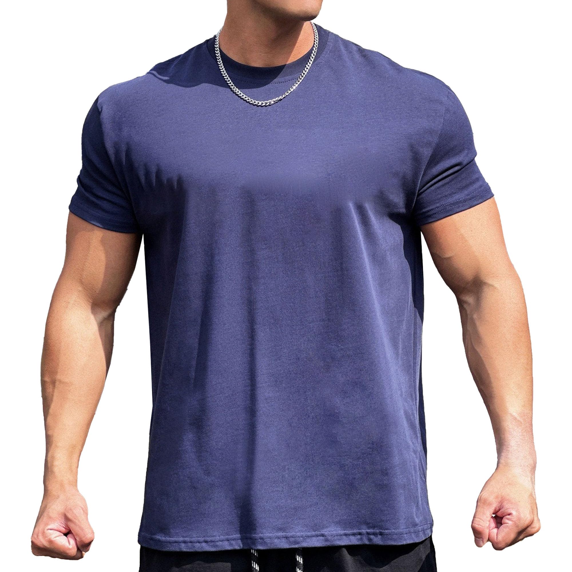 Men Loose Casual Cotton Fitness Shirts Basketball Training Elastic Sports Tee Top Summer Round Neck Jogging T-Shirt (Dark Blue,Large)