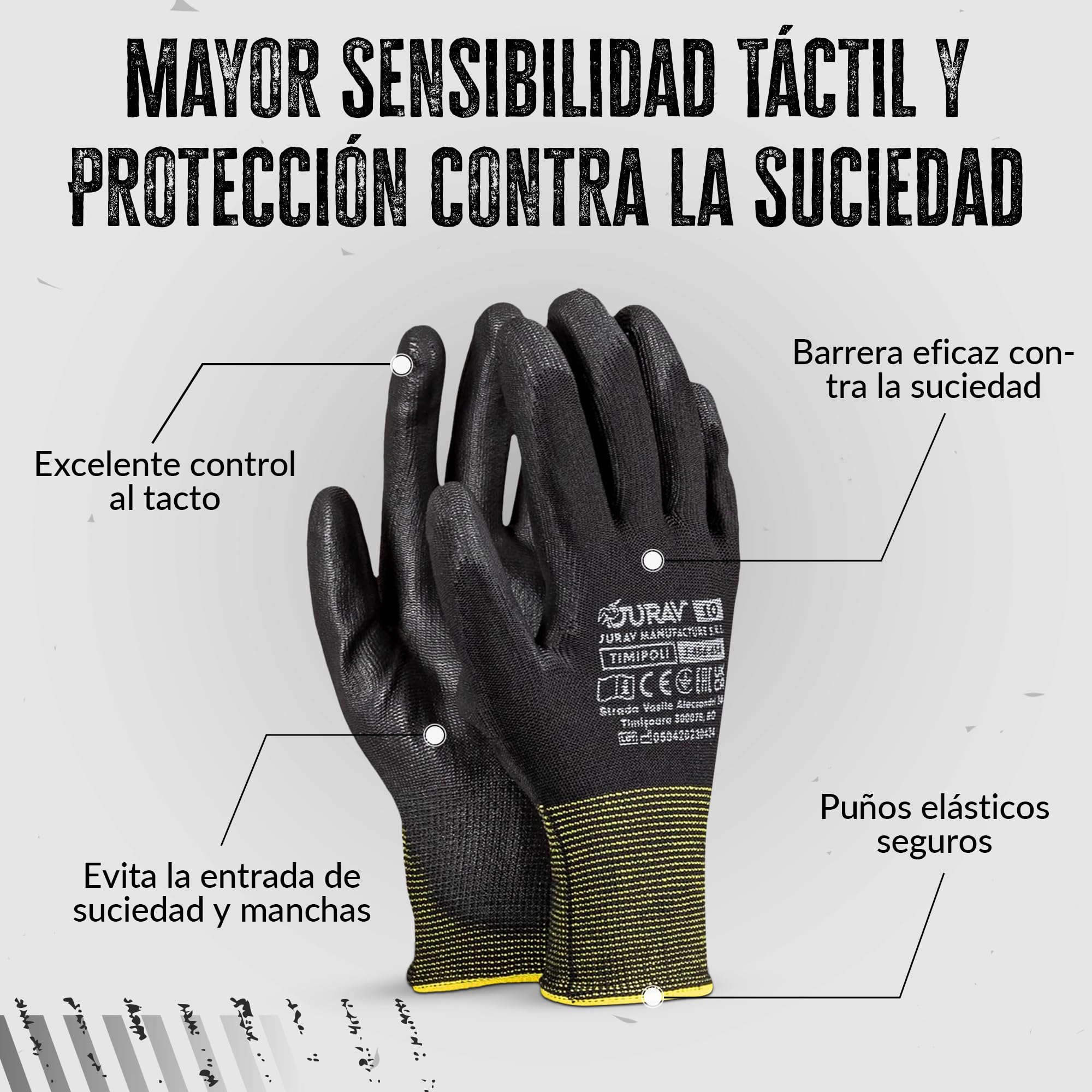 Guantes de trabajo Ogrifox FUZZIO 12 pares PU S-7 negro