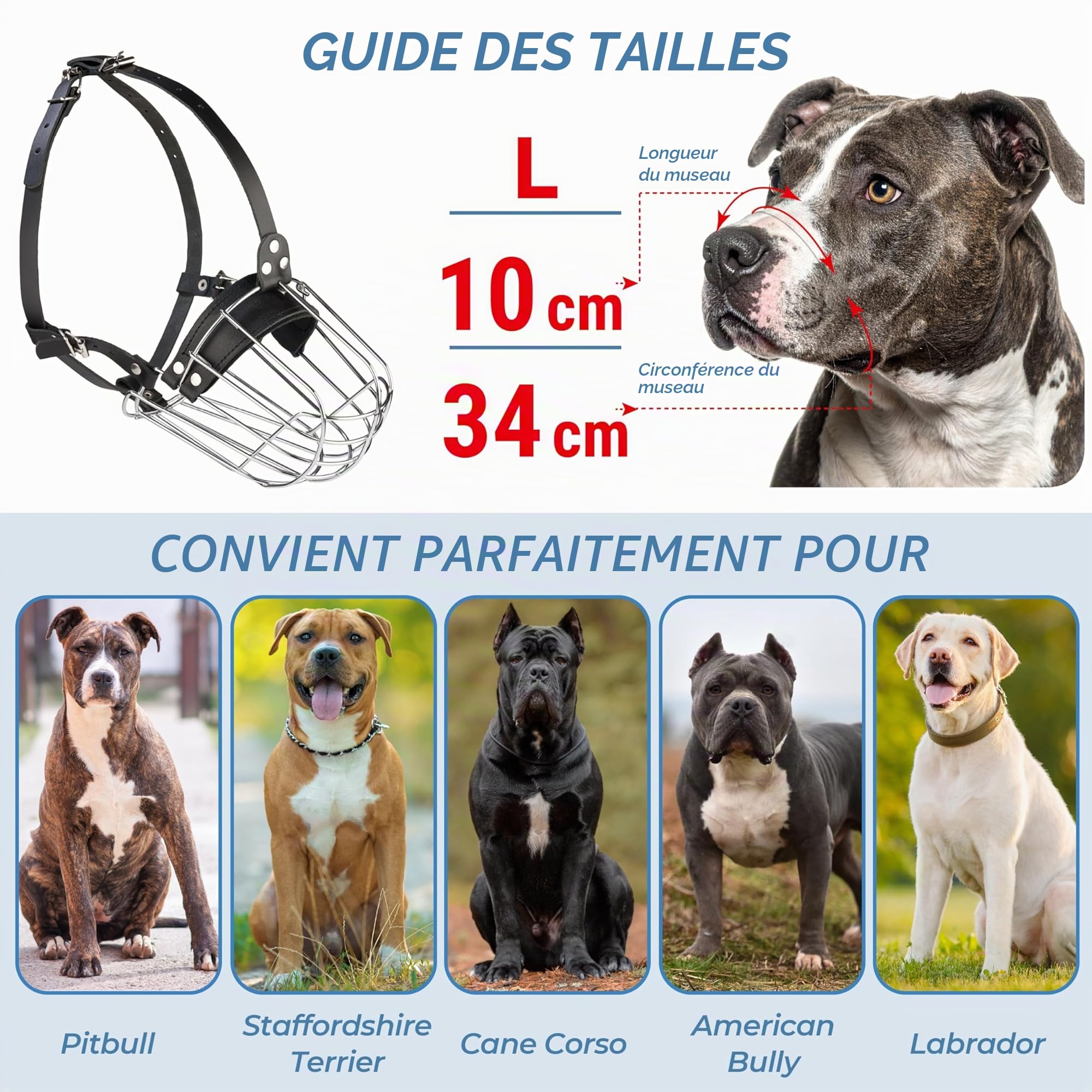 Muselière en métal pour Pitbull de grande taille – Muselière panier pour chiens avec sangles en cuir réglables – Muselière en cage en acier pour chiens pour éviter les morsures