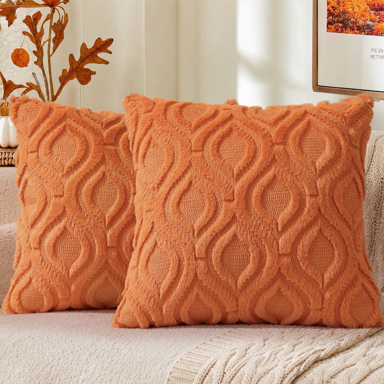 decorUhome Faux Fur Plush Soft Orange Throw Pillow Covers 18x18 Set of 2