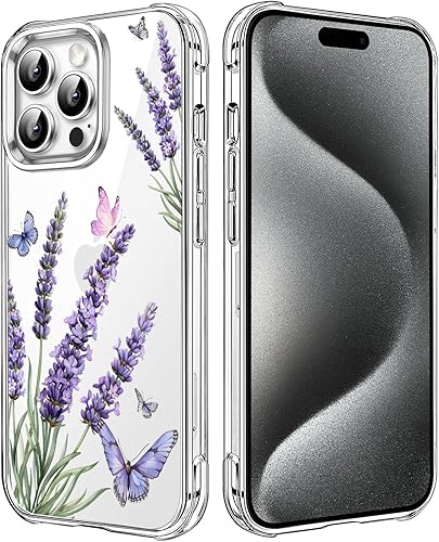 HEYORUN Lavender Floral Clear Case Compatible with iPhone 15 Pro Max, Cute Flowe