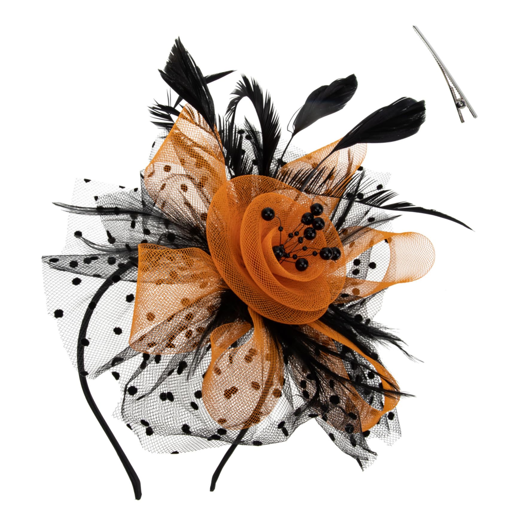 VICASKY 4 Pièces Bandeau Cheveux Délicat Maille Noire et Orange Accessoire de Coiffure pour Mariage Cocktail et Fête Cosplay