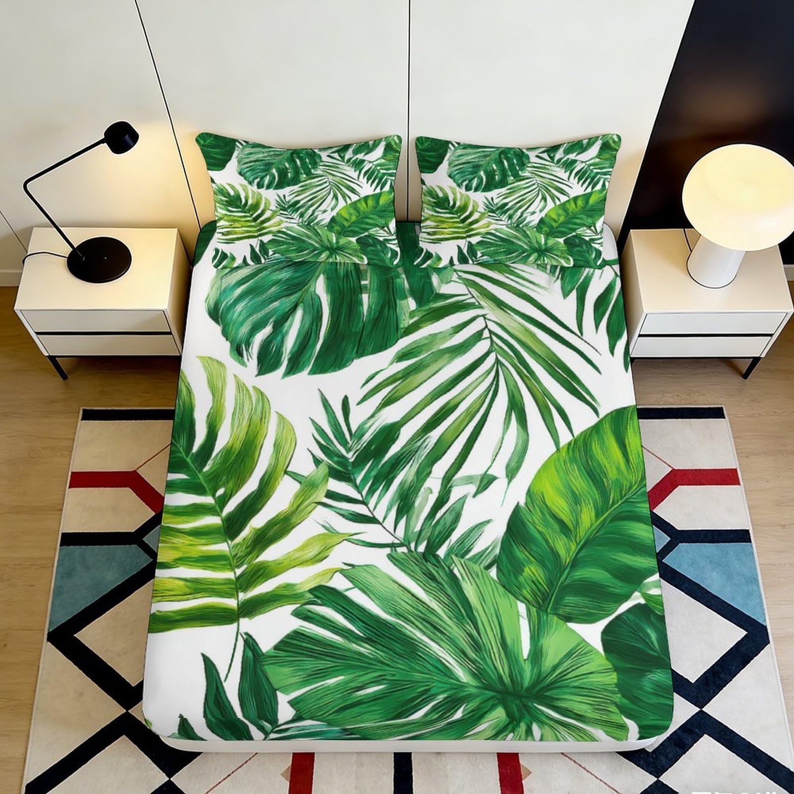 3D Printed Tropical Palm Leaf Fitted Sheet Microfiber Green Botanical Monstera Mattress Cover Bedroom Decor 90x200x25cm