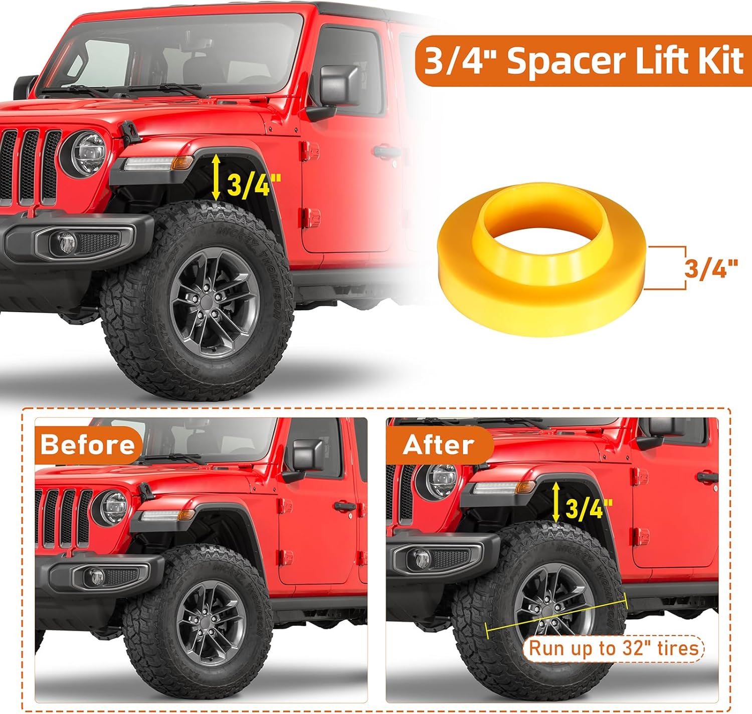 Hooke Road JL 3/4" Spacer Leveling Lift Kit Compatible with 2018-2026 Jeep Wrangler JL & Unlimited 2/4 Doors, Front & Rear Suspension Bump Stop Extensions Spacers - 4 PCS