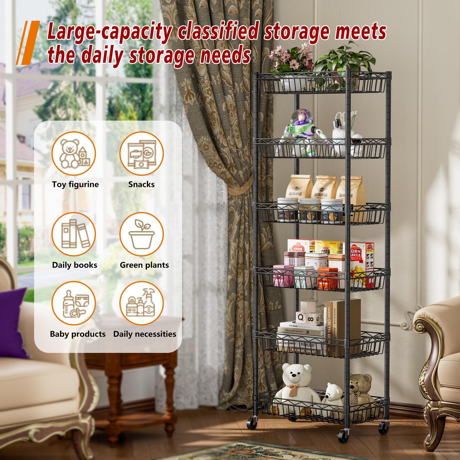 Golpart Korbregal mit 6 Etagen, Drahtregal, verstellbare Aufbewahrungsregale, großer Korb, Regal für Garage, Küche, Büro, Speisekammer, Ecke, 43,7 cm T x 12,2 cm B x 63 cm H, Schwarz