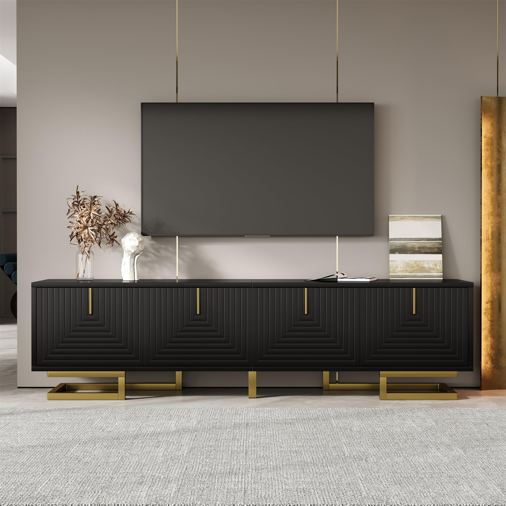 FammyLoft TV Cabinet with 4 Textured Doors and Integrated Shelves, Modern TV Stand with Gold Handles and Gold Legs, TV Unit Storage Cabinet for Living Room and Bedroom, Black