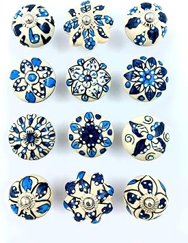 Vintage Hand Painted Ceramic Pull Knobs for Kitchen Cabinet Door and Drawer Wardrobe Cupboard Set of 12