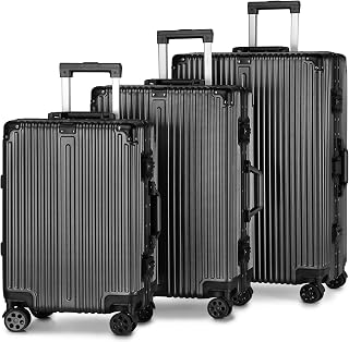 Hard Shell Carry On TSA Luggage with Aluminum Frame 3 Set - 4 Metal Corner Hassle - 100% PC No Zipper Suitcase - Luggage Accessory Kit (6 Item)
