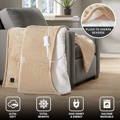 Vista 21 de Beautyrest Manta eléctrica reversible de felpa a sherpa, controlador de botón suave integrado, apagado automático, ajuste de calor múltiple, Gris