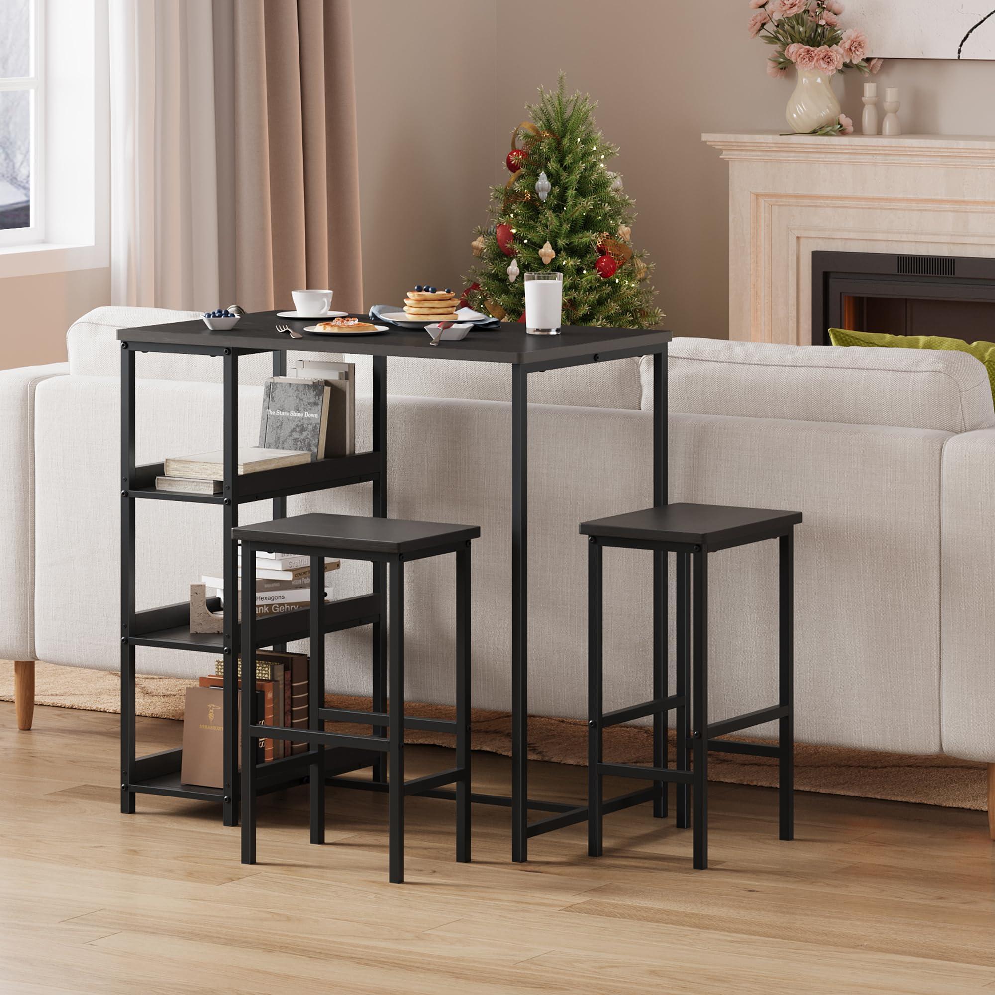 3-teiliges Esszimmer-Set – Moderner Esstisch mit Metallgestell & Holzoptik, 2 Barhockern, Ablagefächern, platzsparend für Küche, einfache Montage, Schwarz, Black Tube + Black Wood Grain