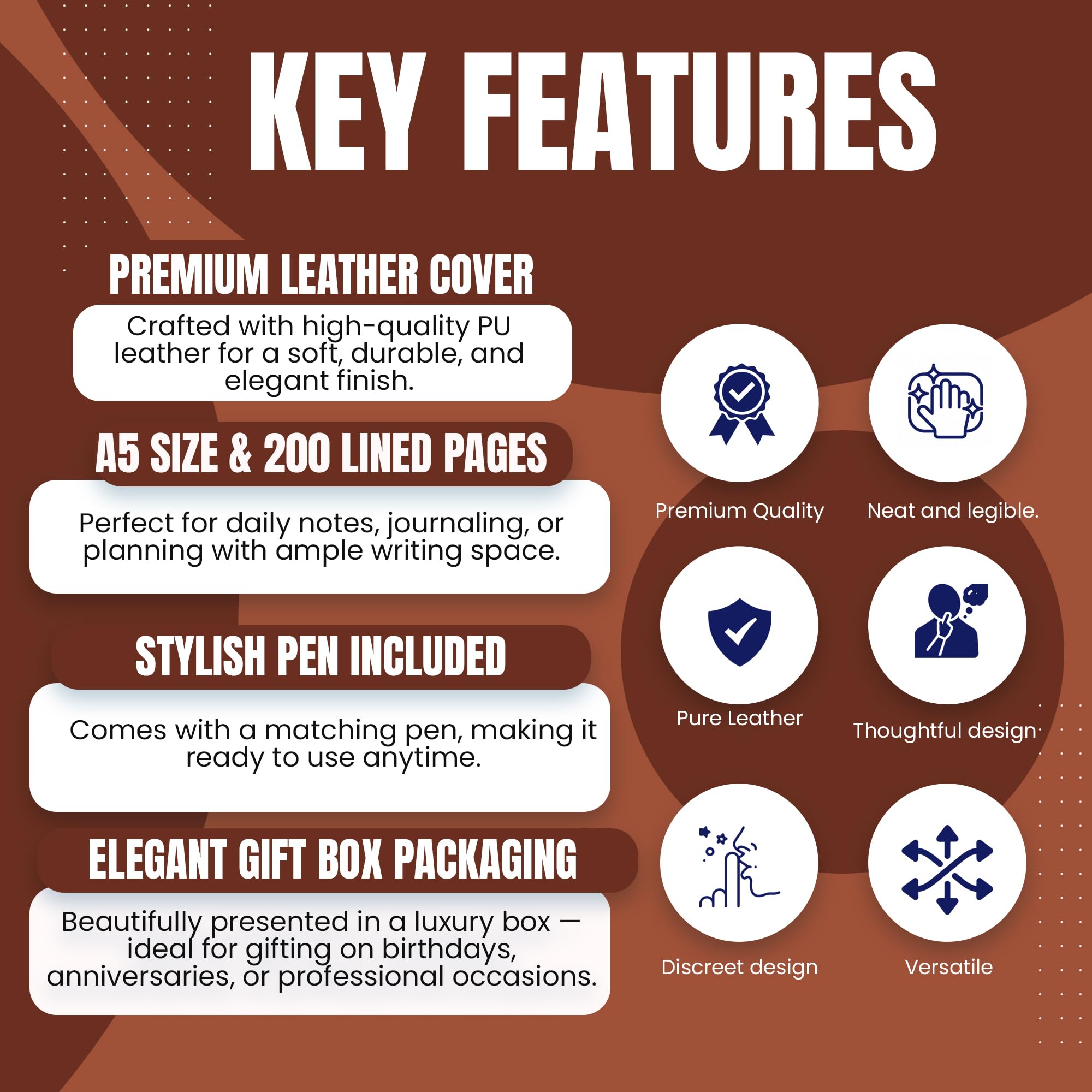 Quaderno A5 in pelle con copertina rigida con penna – Set regalo – 100 fogli – Diario con copertina personalizzata – Rilegatura cucita a filo – Blocco note giornaliero premium per ufficio, viaggi e