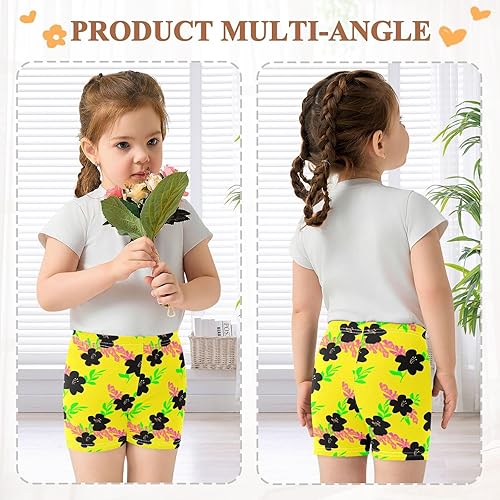 Flower Leaf Yellow Girls Bike Shorts Toddler Soft Cotton Under Dress Cartwheel Shorts(Multi-flower Leaf Yellow,6 Years)