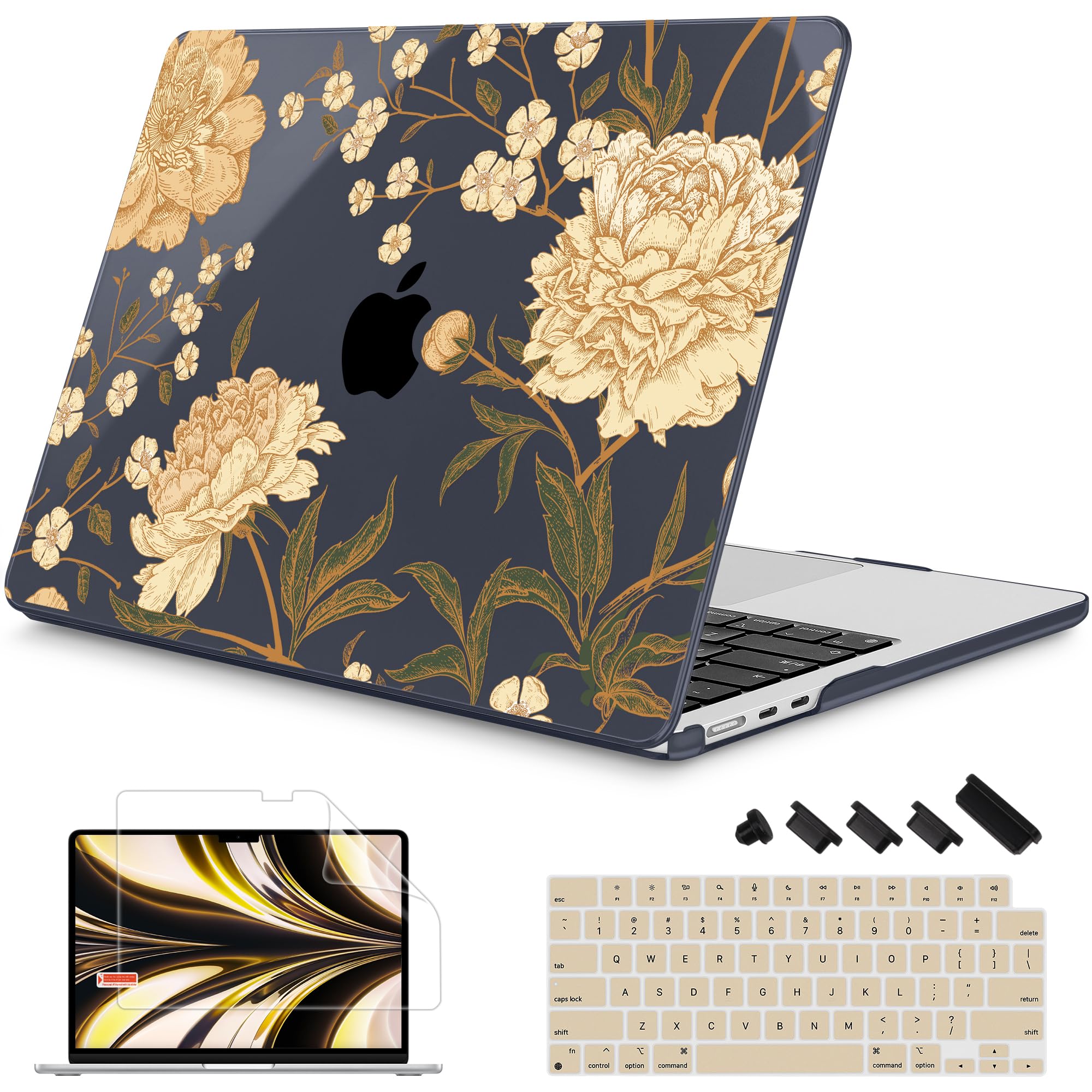 Mektron for 2026/2025/2024/2023 MacBook Air 15 INCH M5 A3448 /M4 A3241 /M3 A3114 /M2 A2941 Case, Printed Plastic Hard Shell Cover with 15.3" Liquid Retina Display Touch ID, Peony Flowers C186