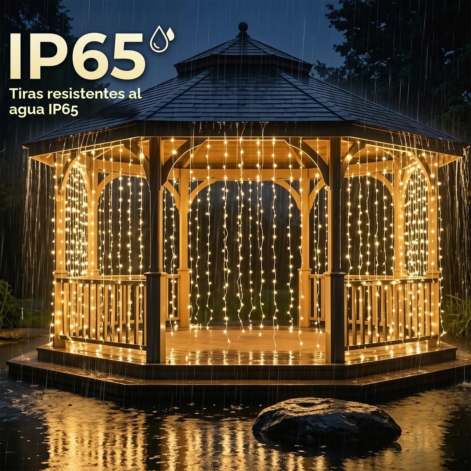 Cortina de Luces con Enchufe, 3Mx3M 300LED Blanco Cálido, 2 Piezas | IP65 impermeable, 8 modos, temporizador, guirnalda, cascada de luz para interior, exterior, balcón, boda, fiesta y jardín
