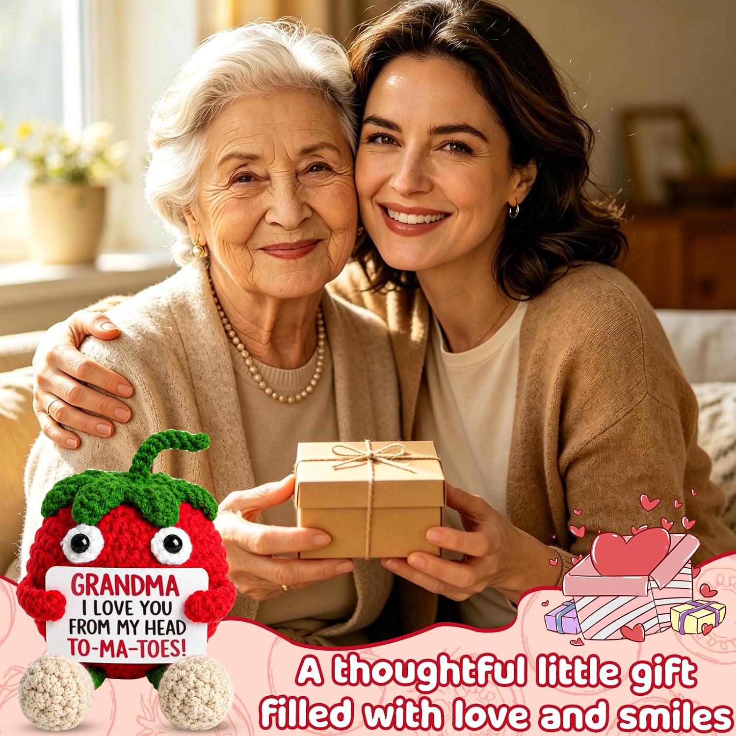 Grandma Gifts from Granddaughter, Funny Crochet Tomato Doll, Unique Birthday, for Nana, Gigi, Best Grandma Ever Present