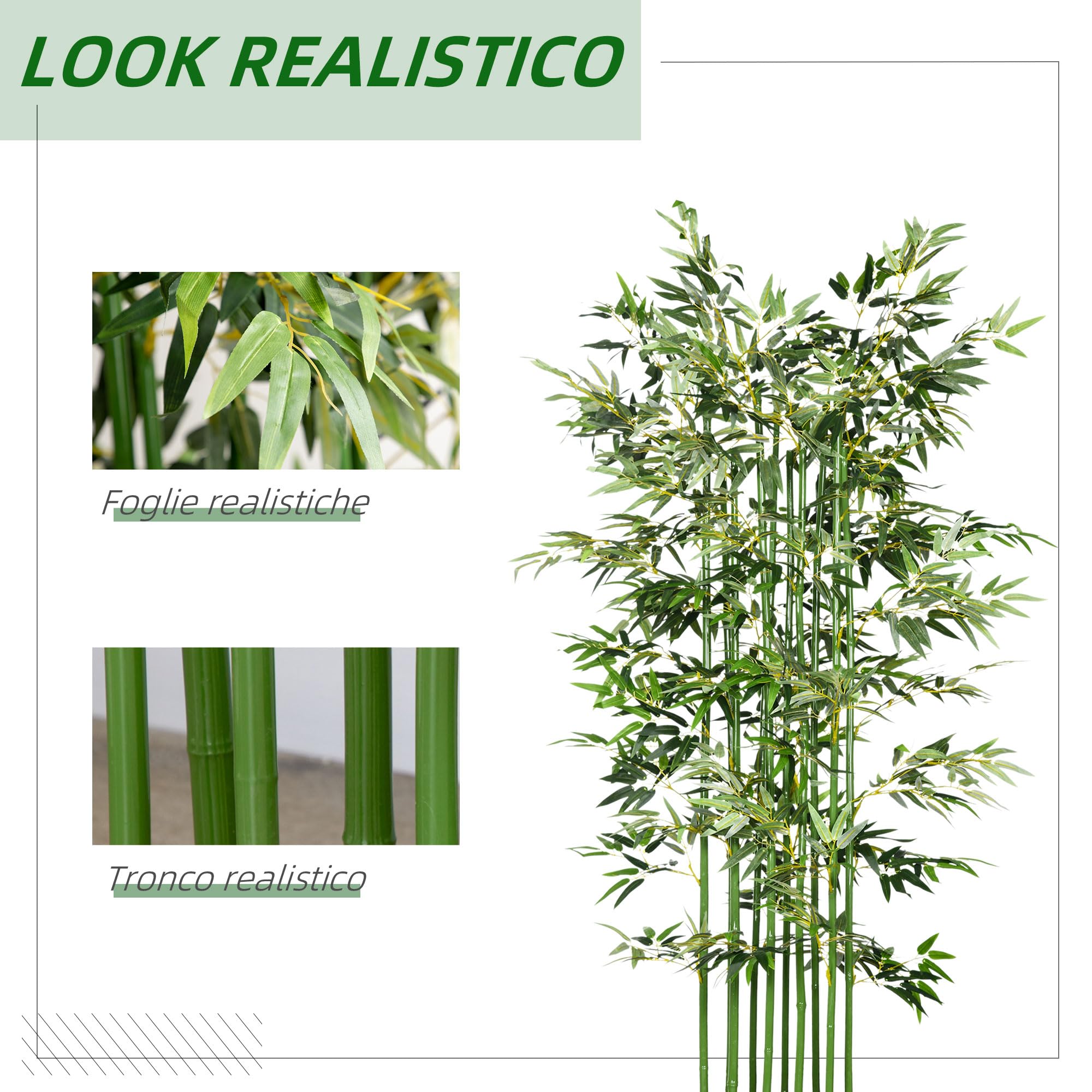 HOMCOM Pianta di Bambù Artificiale Alta 180 cm da 1640 Foglie, Pianta Finta da Interno con Vaso in Legno di Pino, per Esterno, Giardino, Casa, 35x10x10 cm, Verde