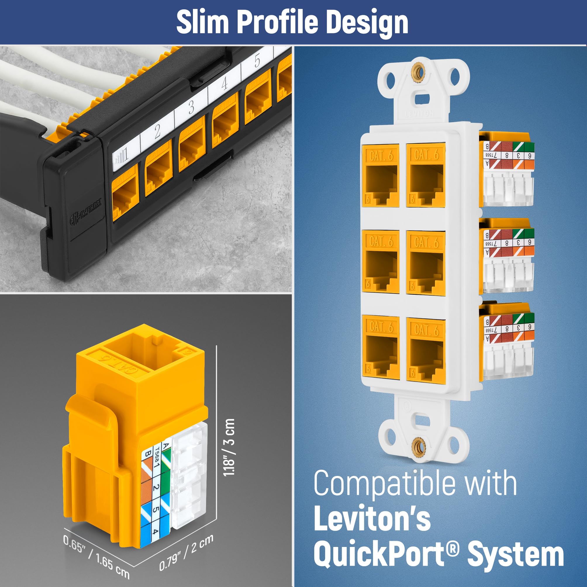 Everest Media Solutions RJ45 CAT6A Keystone Jack - Conectores hembra modulares de 90 grados de tipo 110, compatible con terminación de velocidad EMS-KTOOL, paquete de 50, amarillo