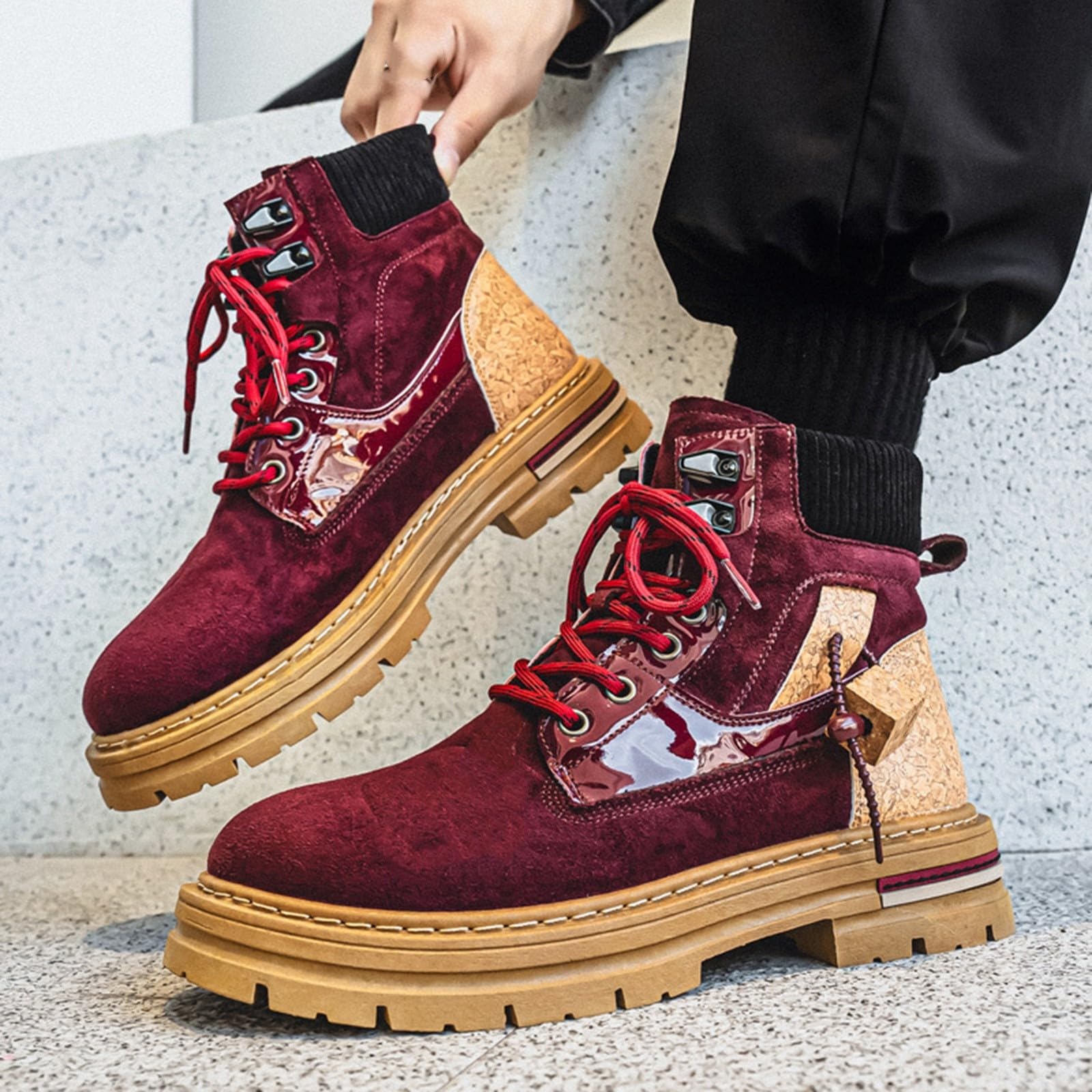 Męskie masywne zamszowe botki z dzianiny kołnierz na co dzień botki retro sznurowane modne trampki do streetwear spacerów