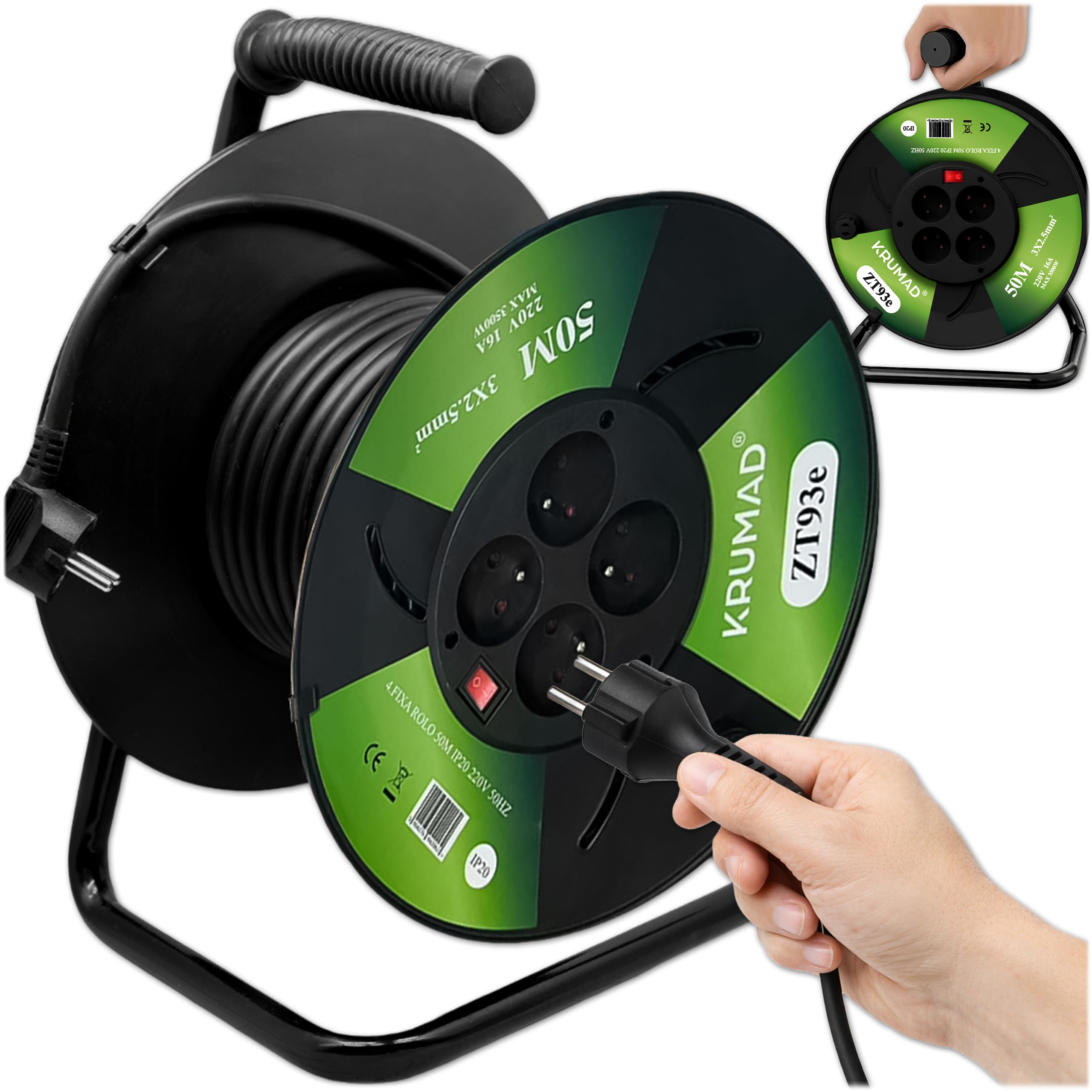 KRUMAD Enrollador de cable de 50 m con 4 enchufes con toma de tierra, cable 3 x 1 mm², 2000 W máx., 220 V, para taller y uso doméstico, tambor enrollador de cable con manivela, protección contra